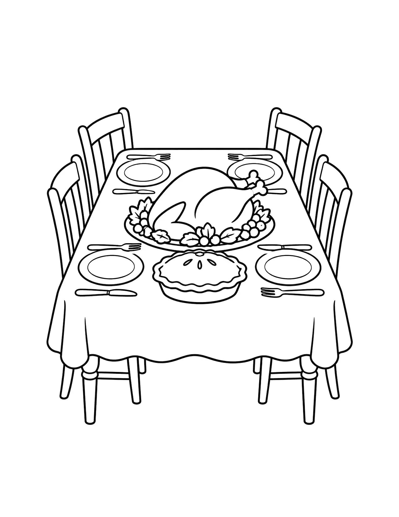 Thanksgiving coloring page of a dinner table with a roast turkey and pie