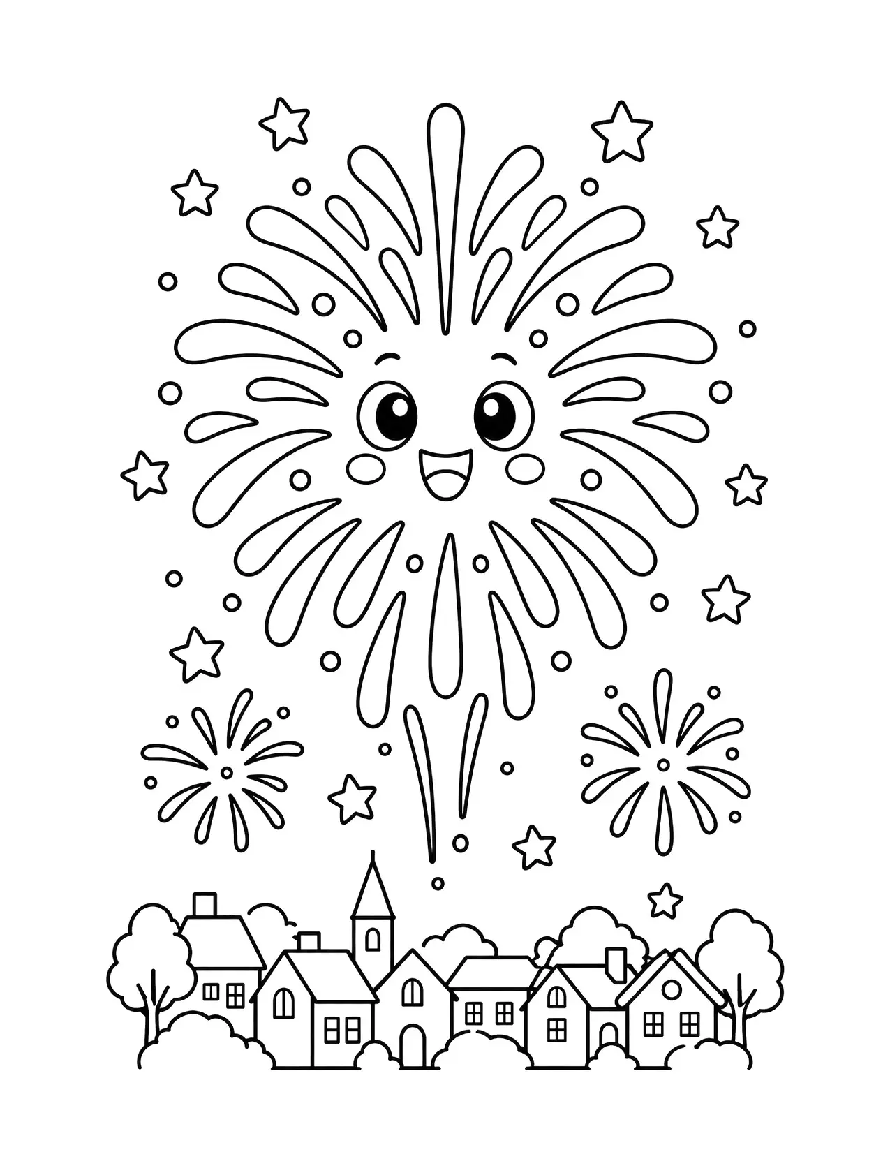 New Year coloring page of fireworks bursting over a small town at night