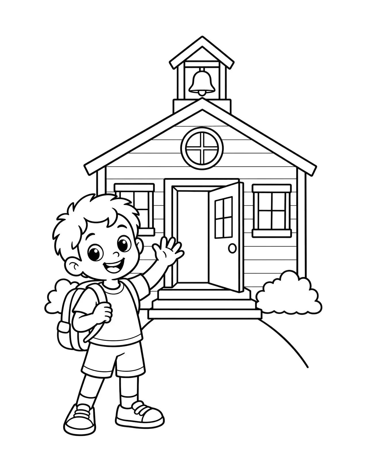 Back to school coloring page of a kid with a backpack waving at the door of a little schoolhouse