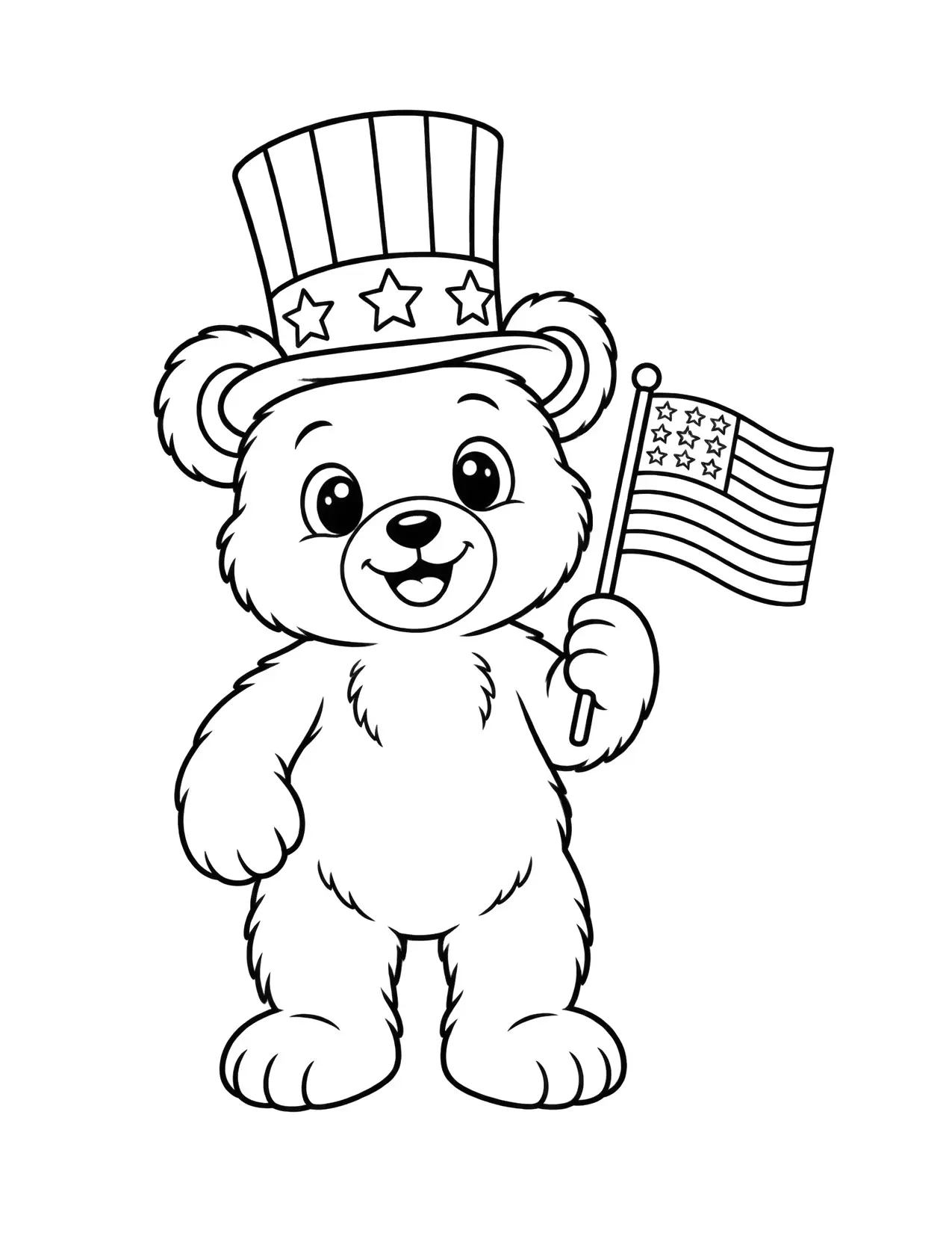 4th of July coloring page of a teddy bear in a striped top hat holding a small flag