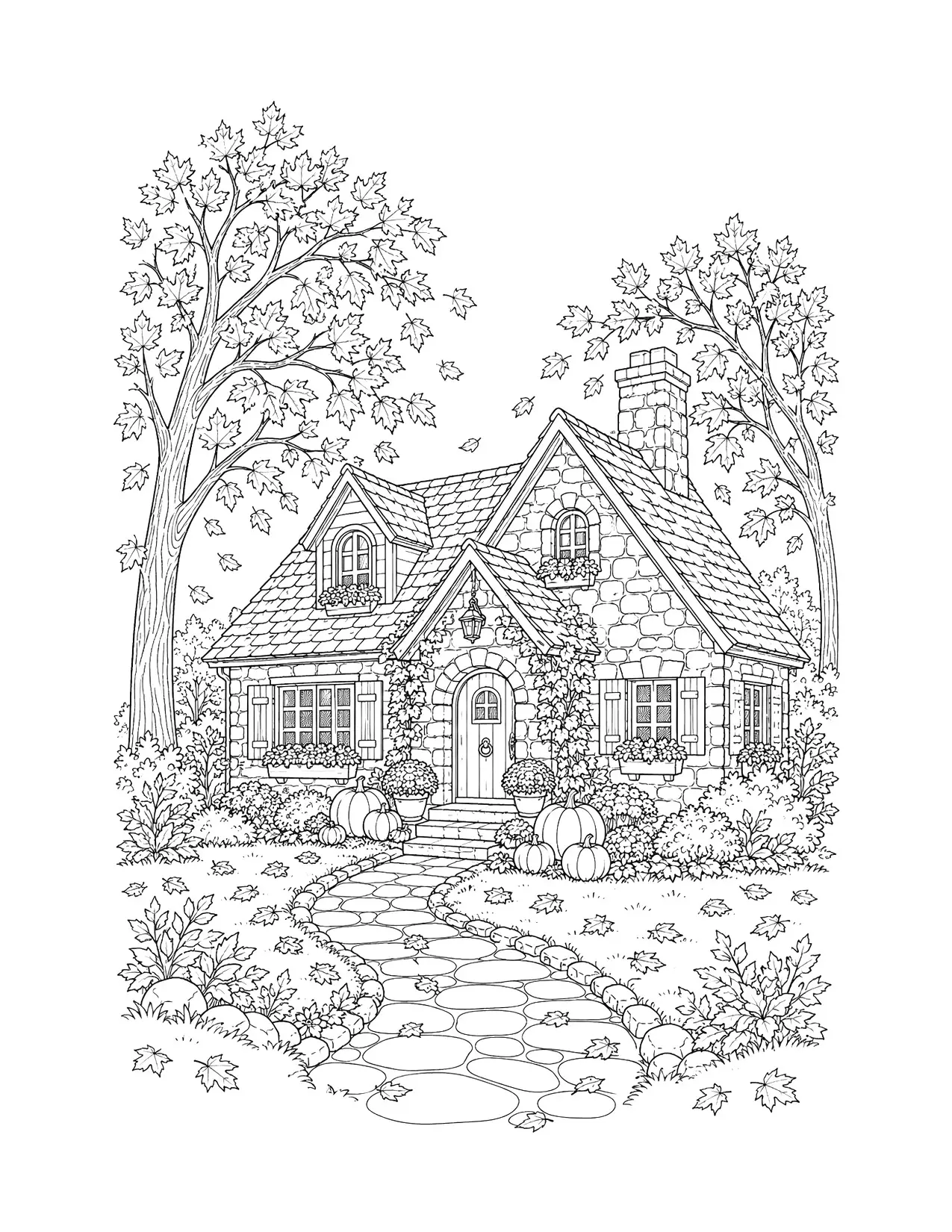 Fall coloring page of a cozy cottage with falling leaves and pumpkins, for adults