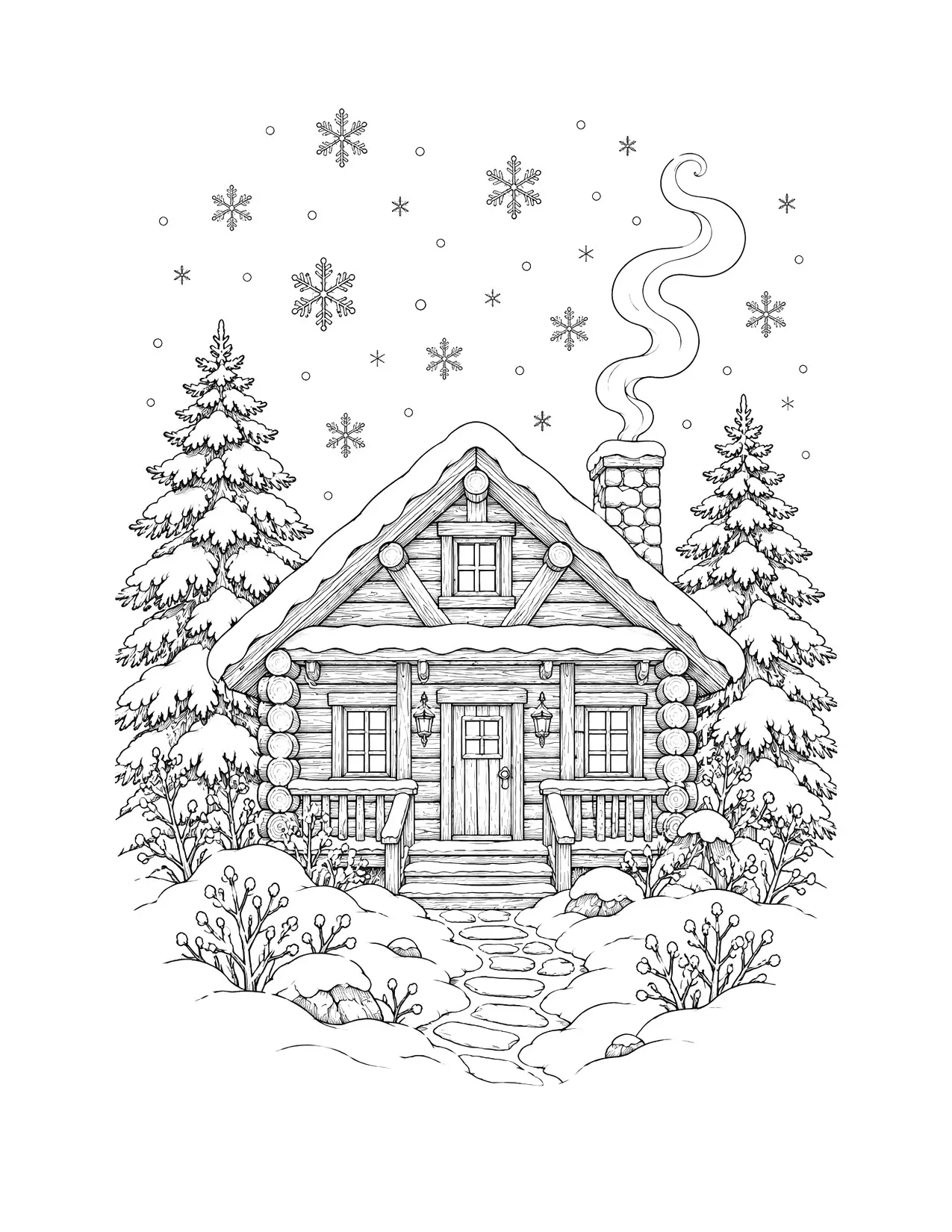 Christmas coloring page for adults with a log cabin and pine trees in the snow