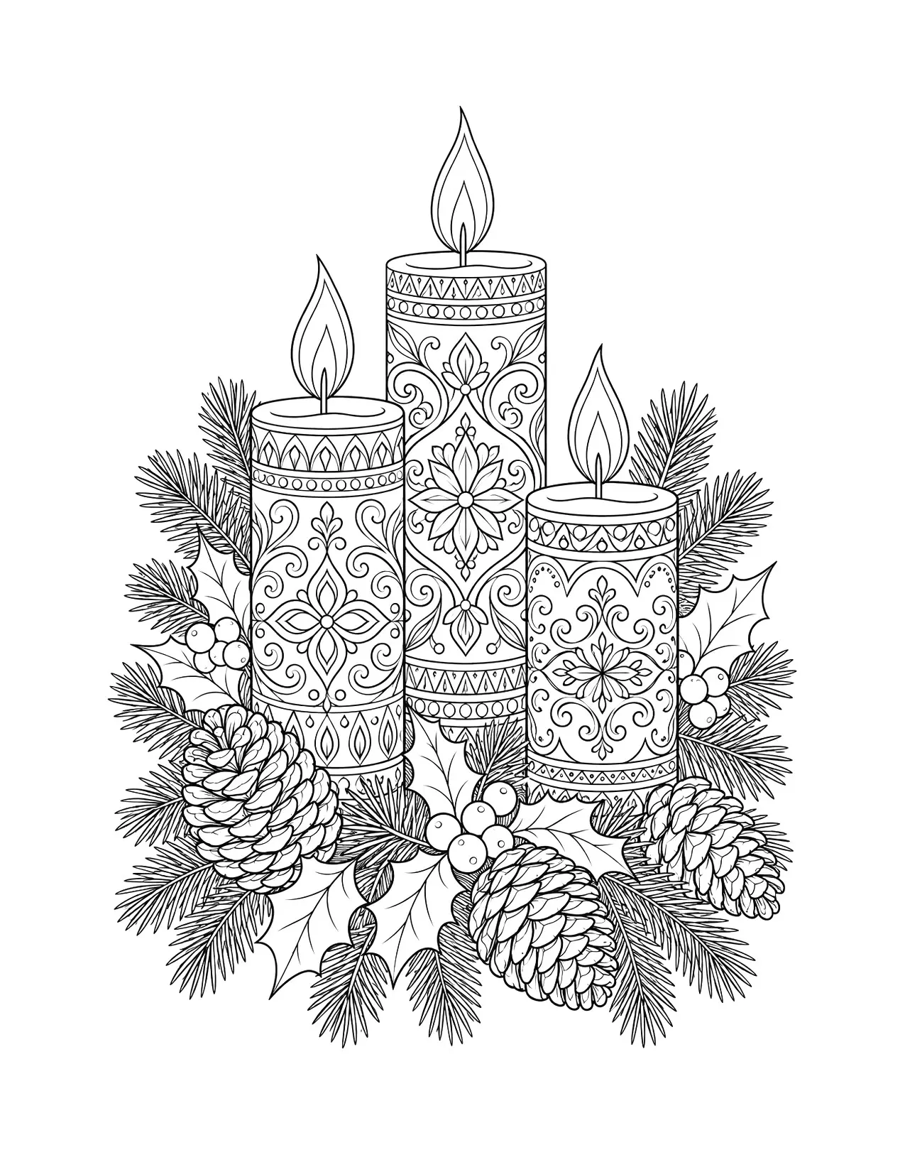 Christmas coloring page for adults with three patterned candles, pinecones and holly