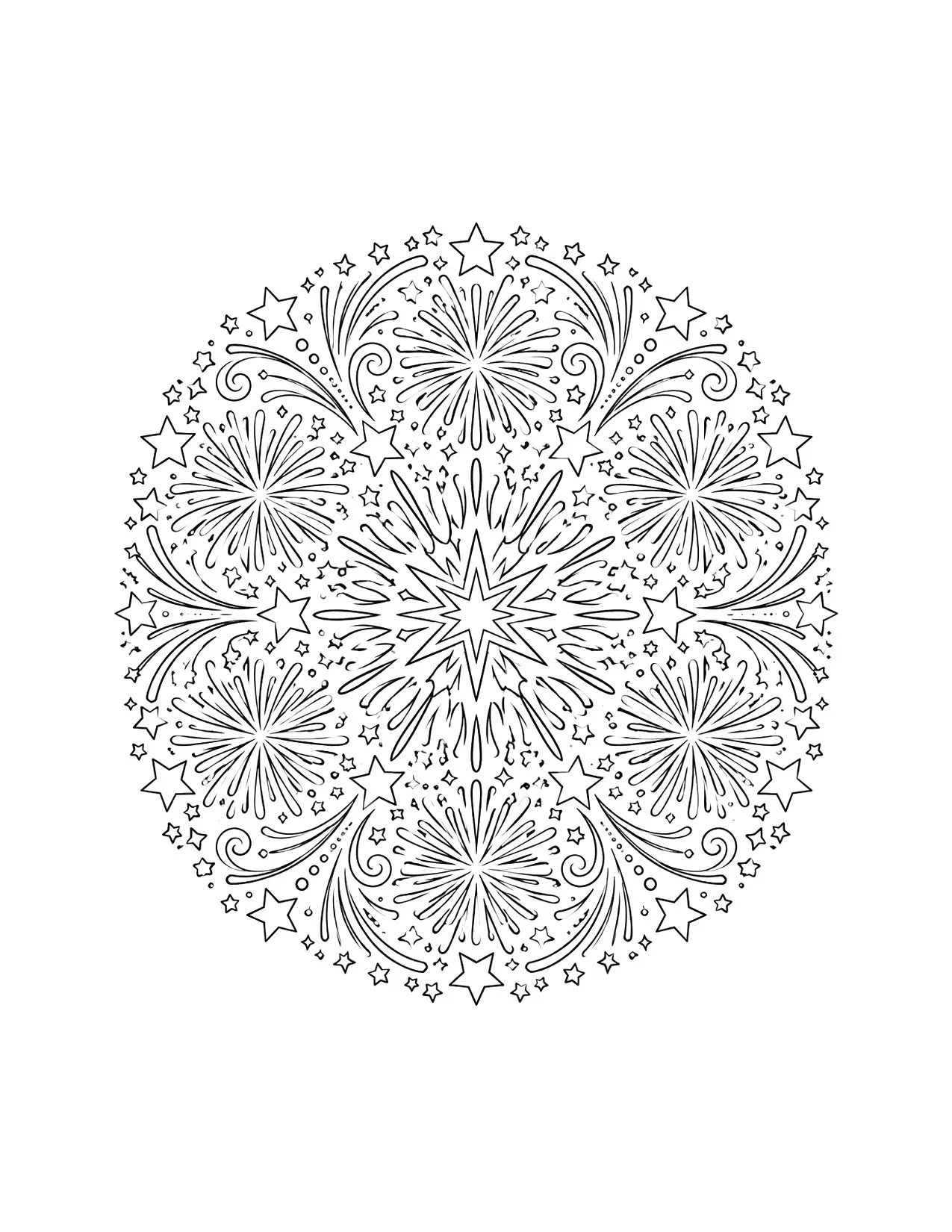 New Year coloring page of a detailed mandala of fireworks, stars and streamers for adults