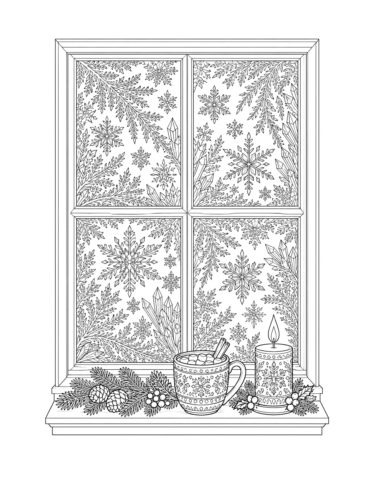 Winter coloring page of a frosted window with ice crystal patterns and a mug of cocoa, for adults