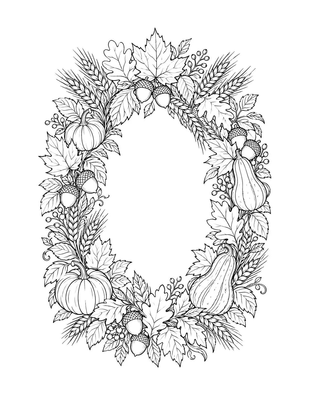 Thanksgiving coloring page of a detailed wreath of leaves, wheat, acorns and gourds, for adults