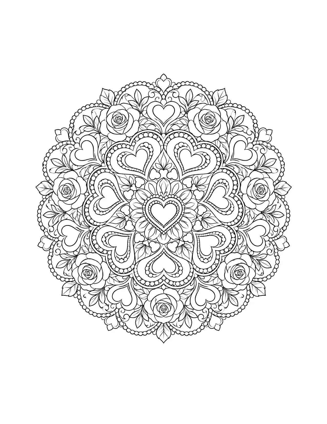Valentine's Day coloring page of a detailed mandala of hearts, roses and lace patterns, for adults