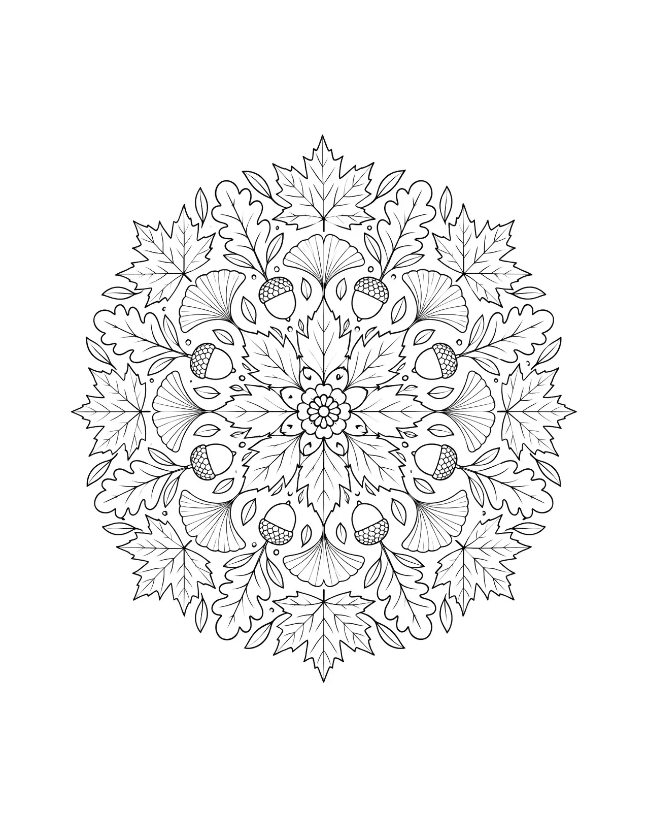 Fall coloring page of a detailed mandala of maple, oak and ginkgo leaves, for adults