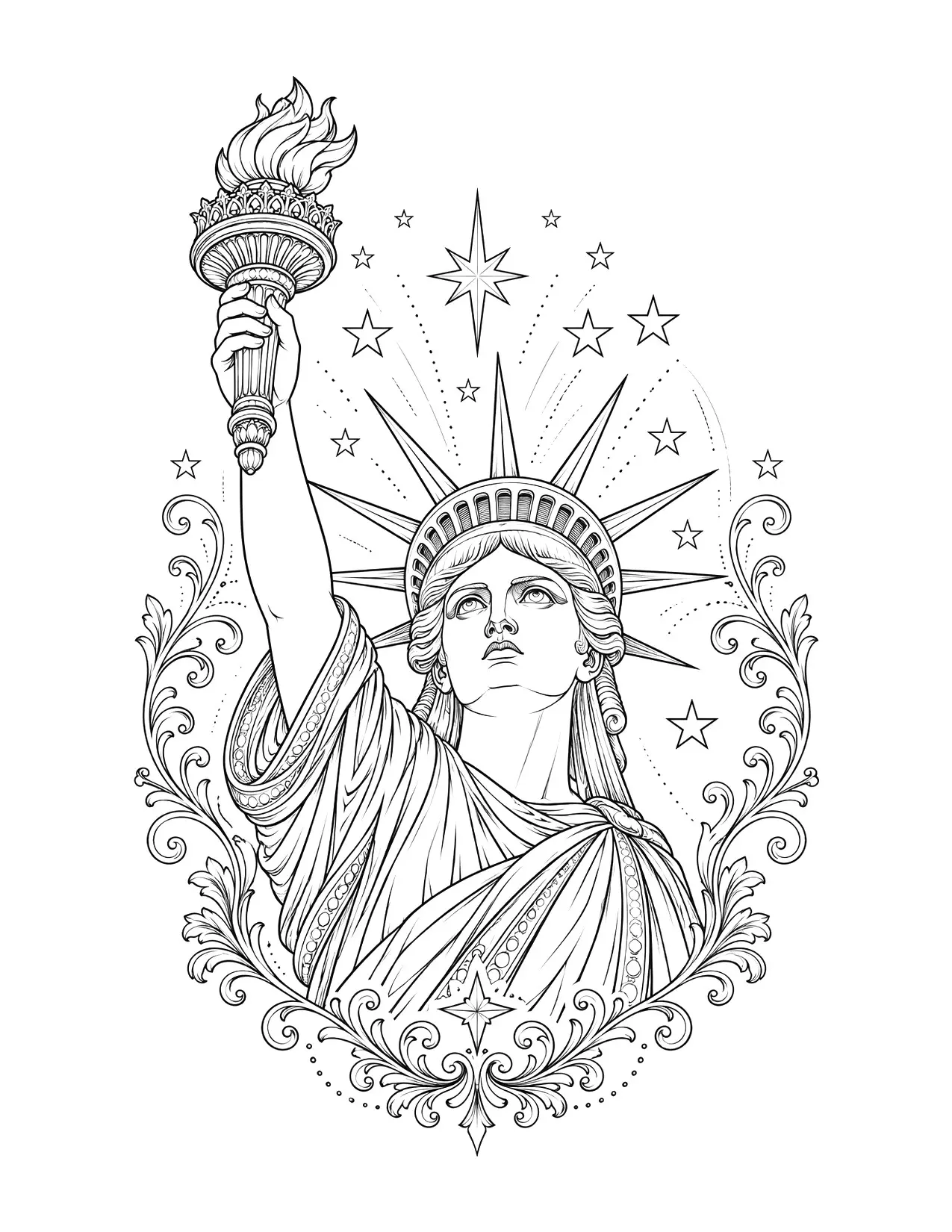 4th of July coloring page of a detailed portrait of the Statue of Liberty with her crown and torch among stars and patterns, for adults