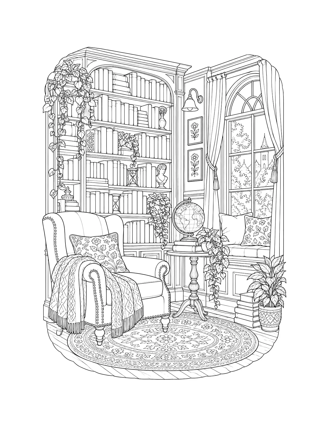 Back to school coloring page of a detailed school library with tall bookshelves, a reading nook and a globe, for adults