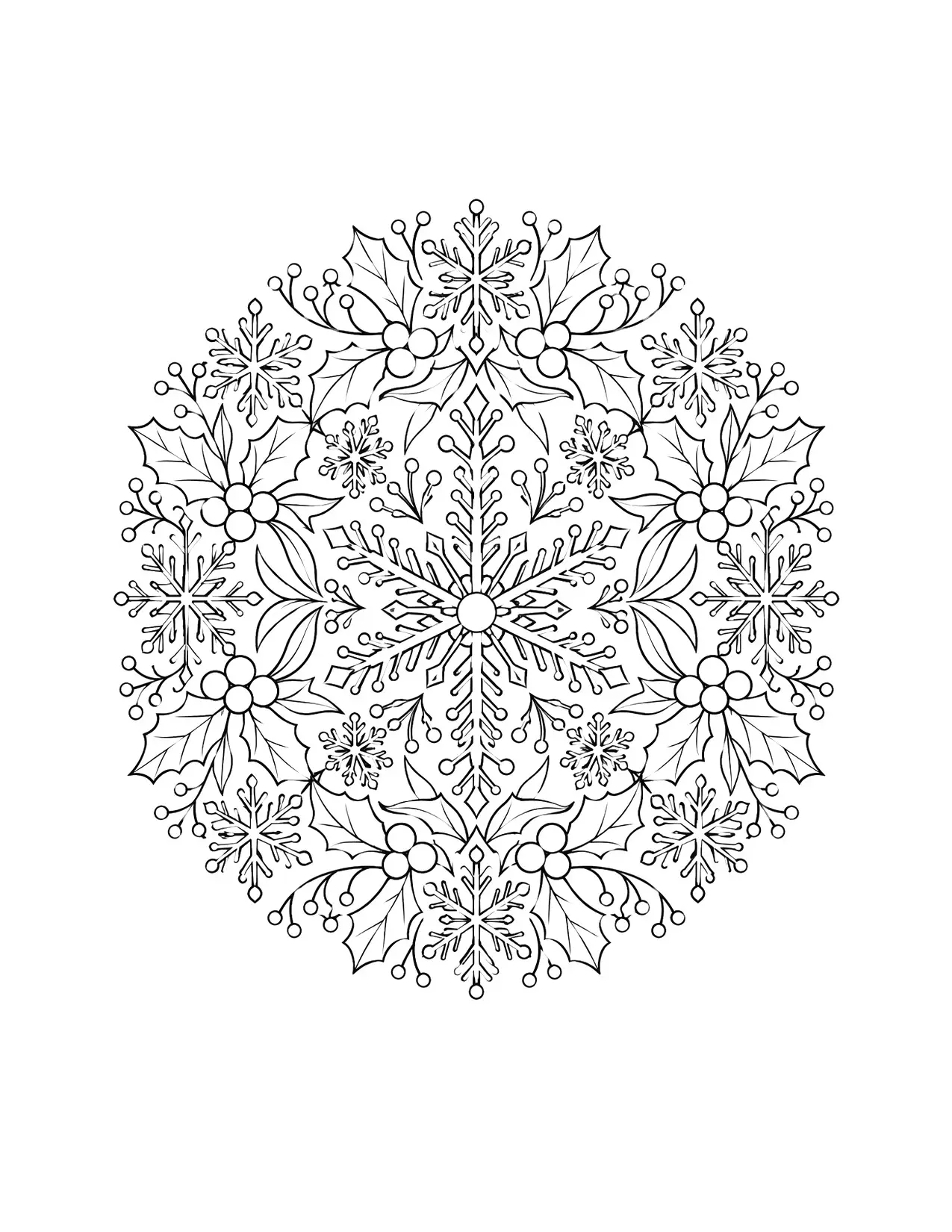 Christmas coloring page for adults with a snowflake and holly mandala
