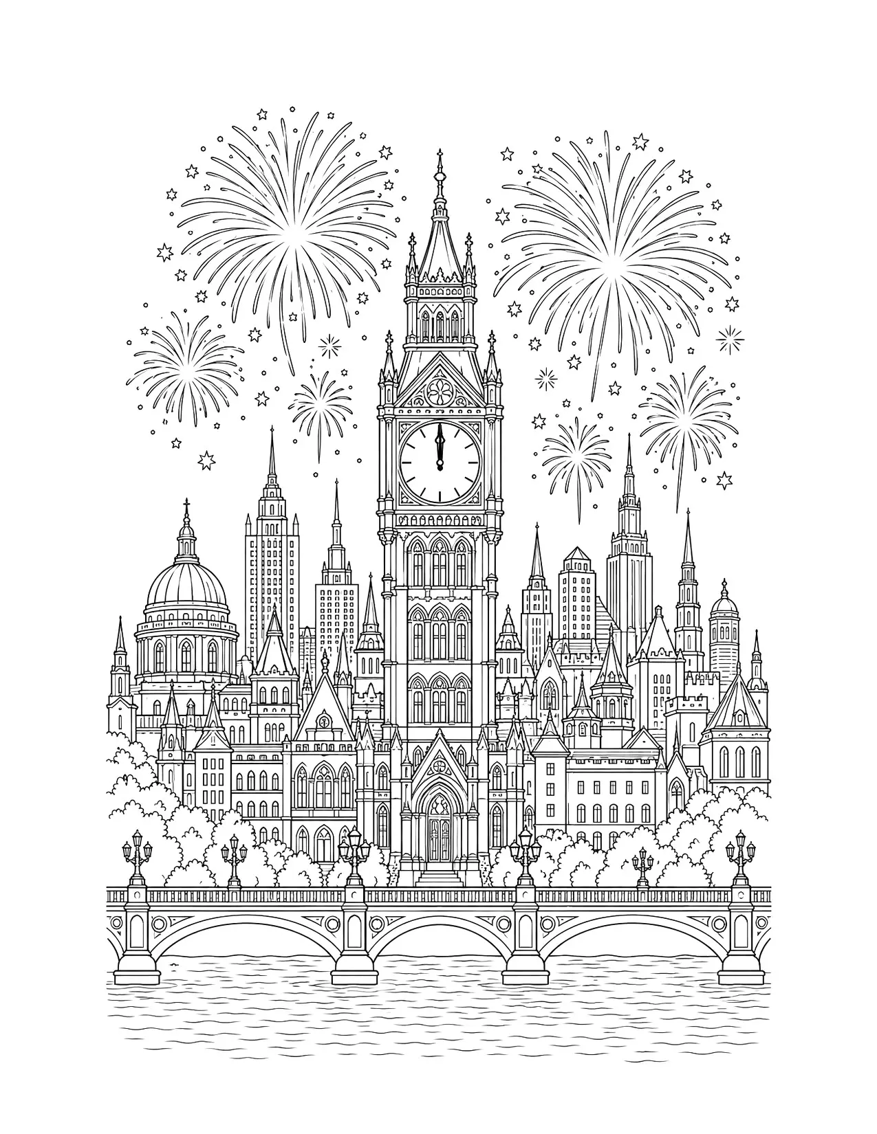 New Year coloring page of a detailed city skyline at midnight with a clock tower and fireworks, for adults
