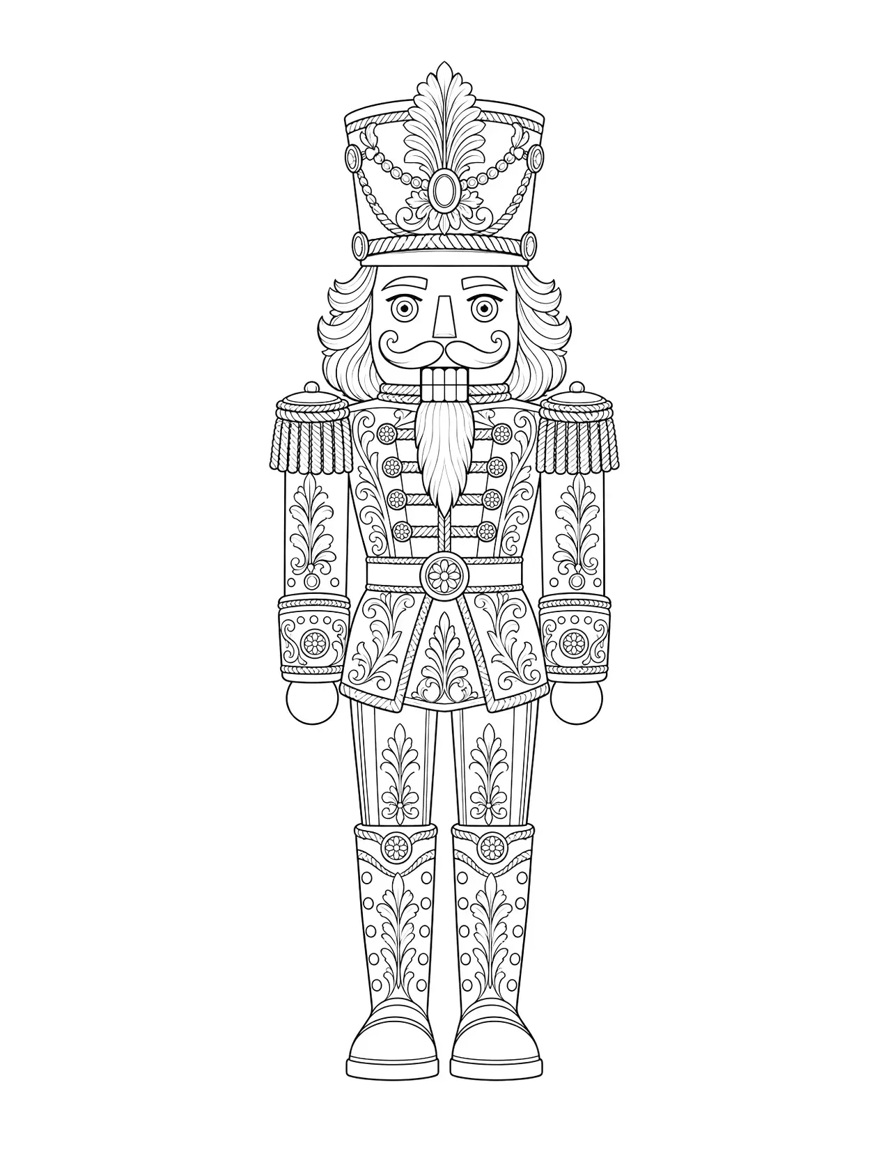 Christmas coloring page for adults with a nutcracker soldier in an ornate uniform