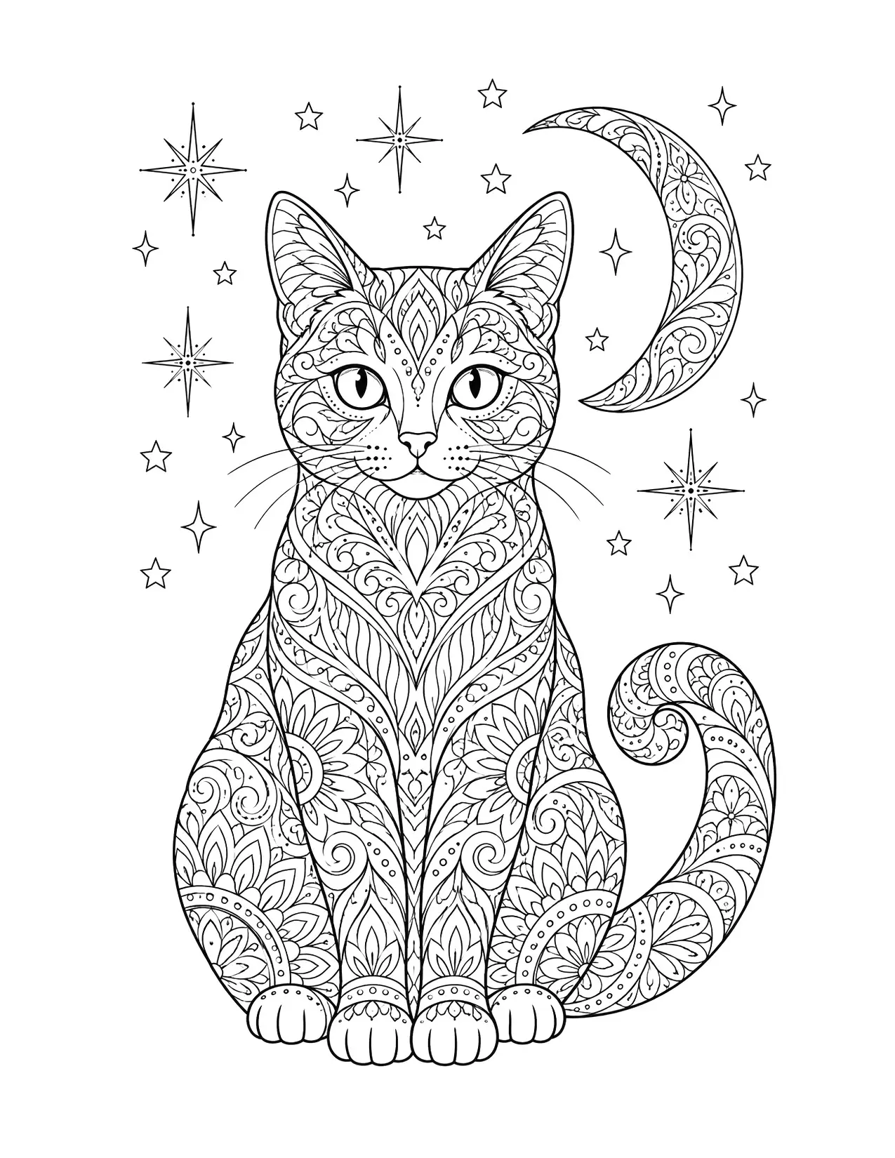 Halloween coloring page of a cat filled with intricate patterns under a crescent moon, for adults
