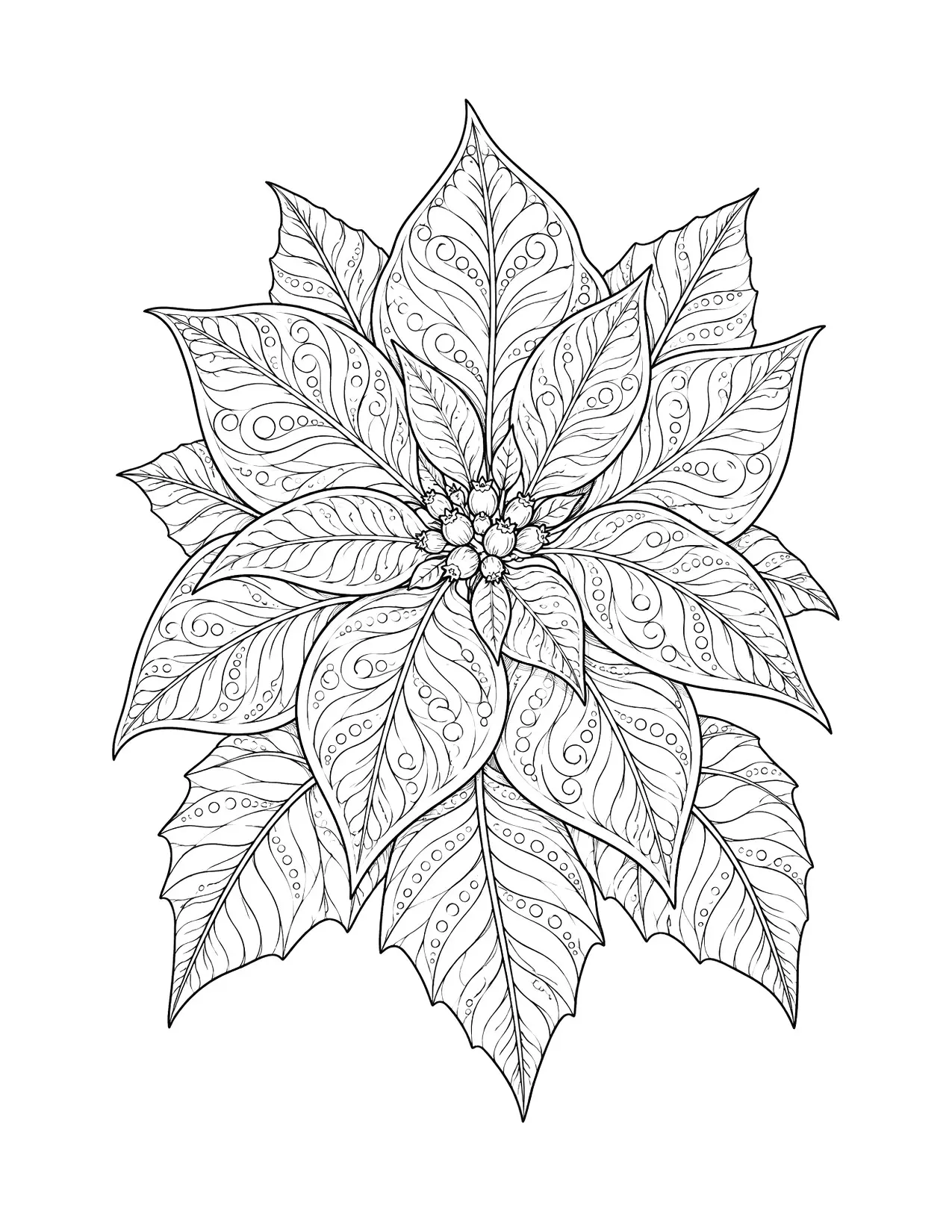 Christmas coloring page for adults with a large patterned poinsettia flower