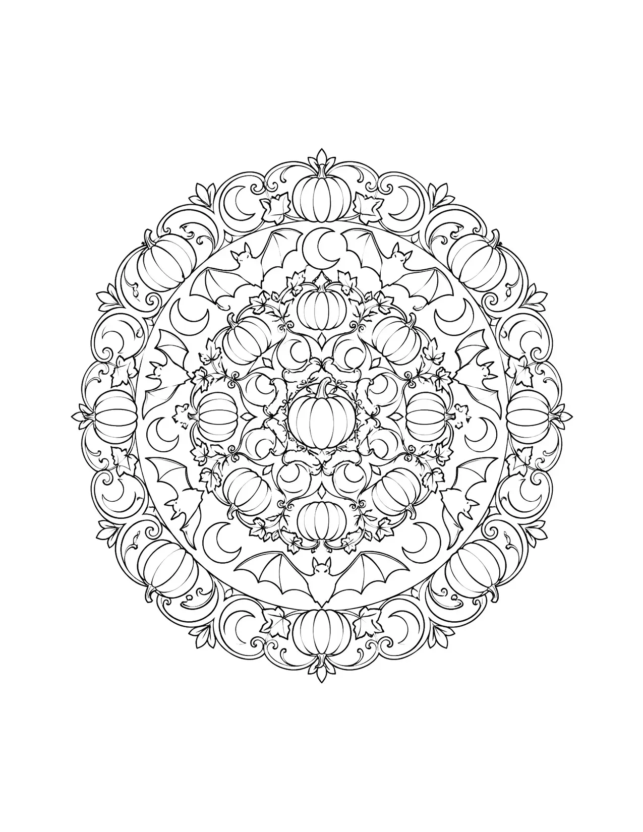 Halloween coloring page of a detailed mandala of pumpkins, bats and moons, for adults