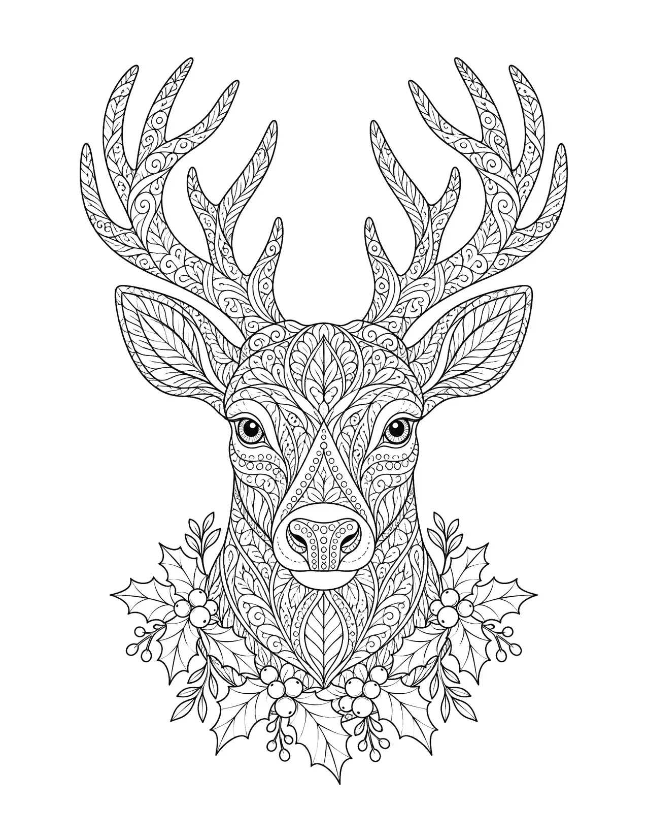 Christmas coloring page for adults with a patterned reindeer head and holly