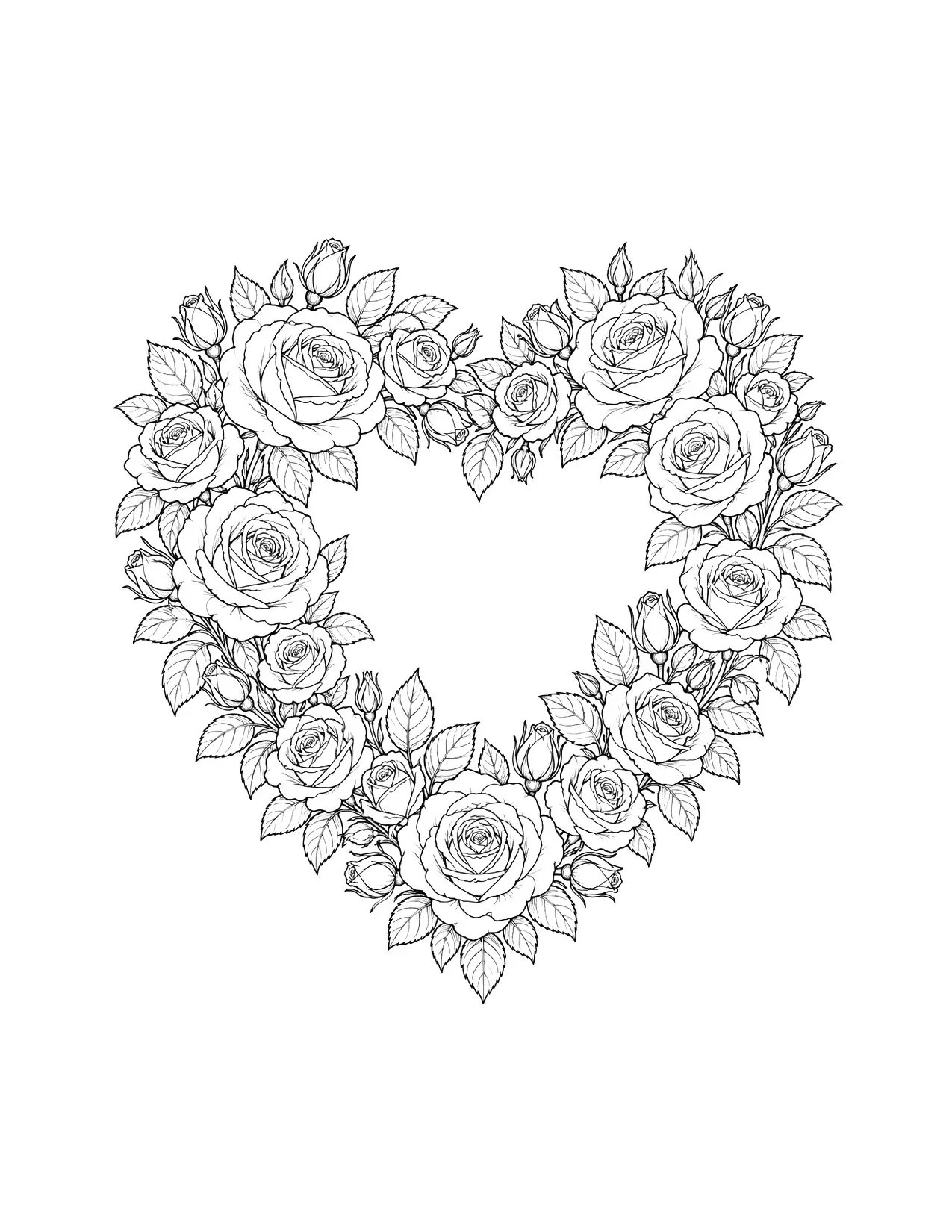 Valentine's Day coloring page of a detailed heart-shaped wreath of roses, buds and leaves, for adults