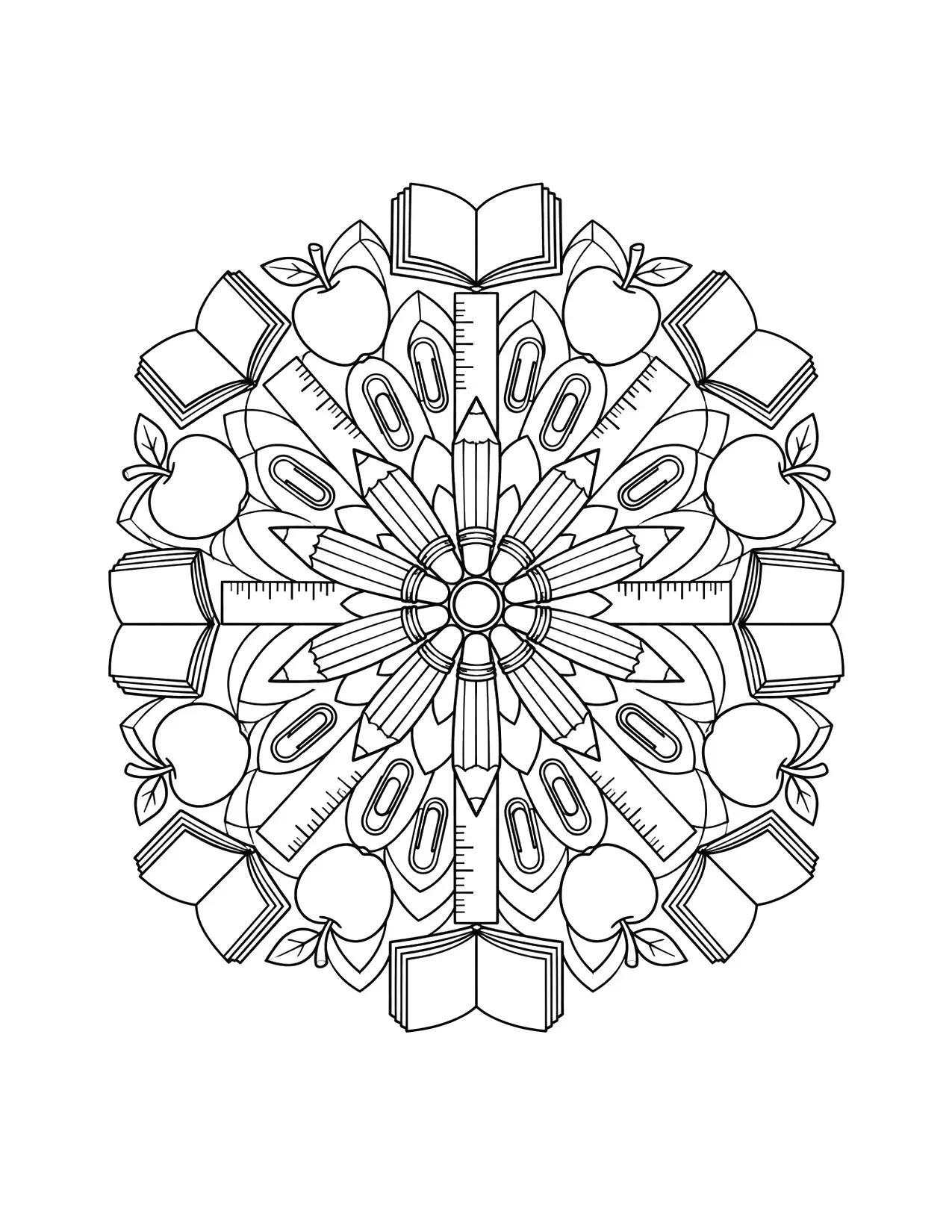 Back to school coloring page of a detailed mandala of pencils, rulers, apples, paper clips and books, for adults