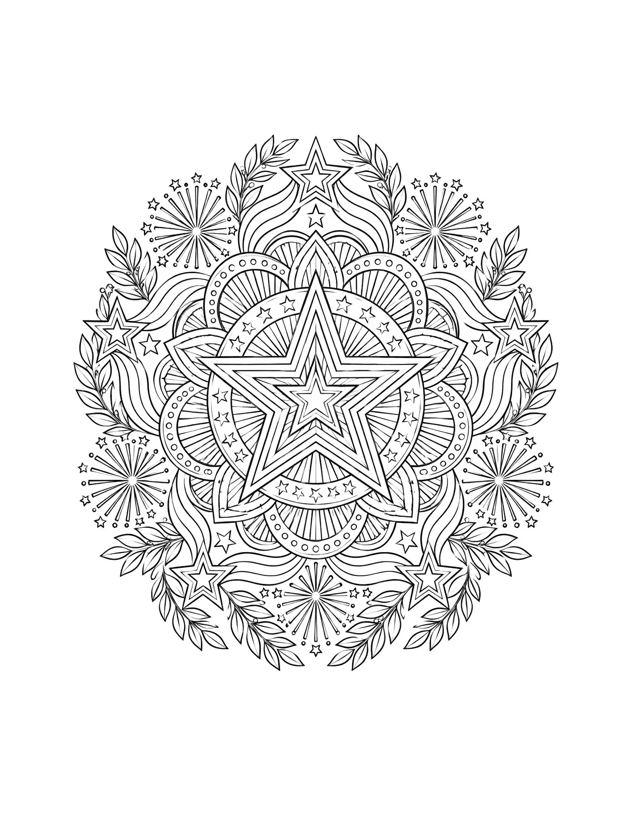4th of July coloring page of a detailed mandala of stars, stripes, fireworks and laurel leaves, for adults