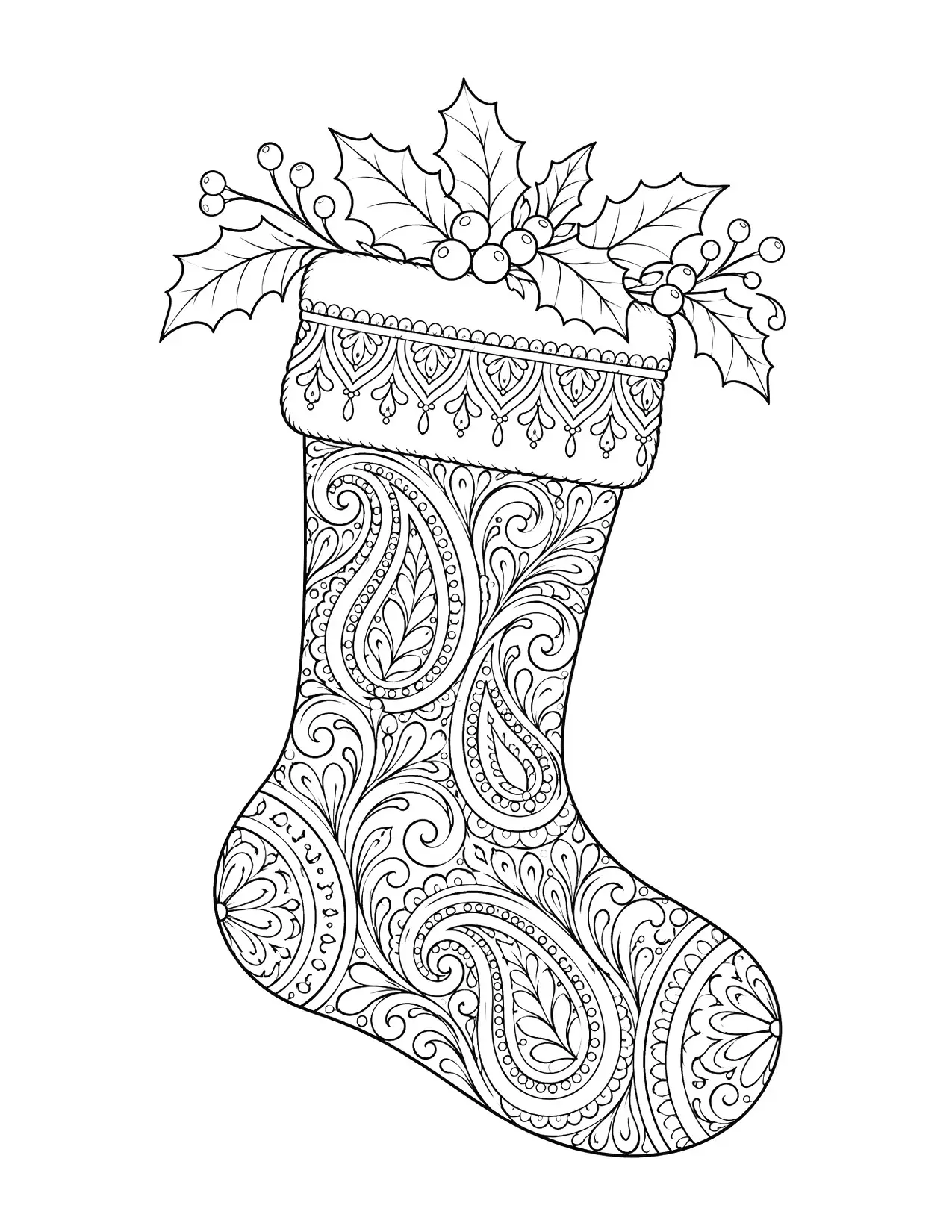 Christmas coloring page for adults with a paisley Christmas stocking and holly