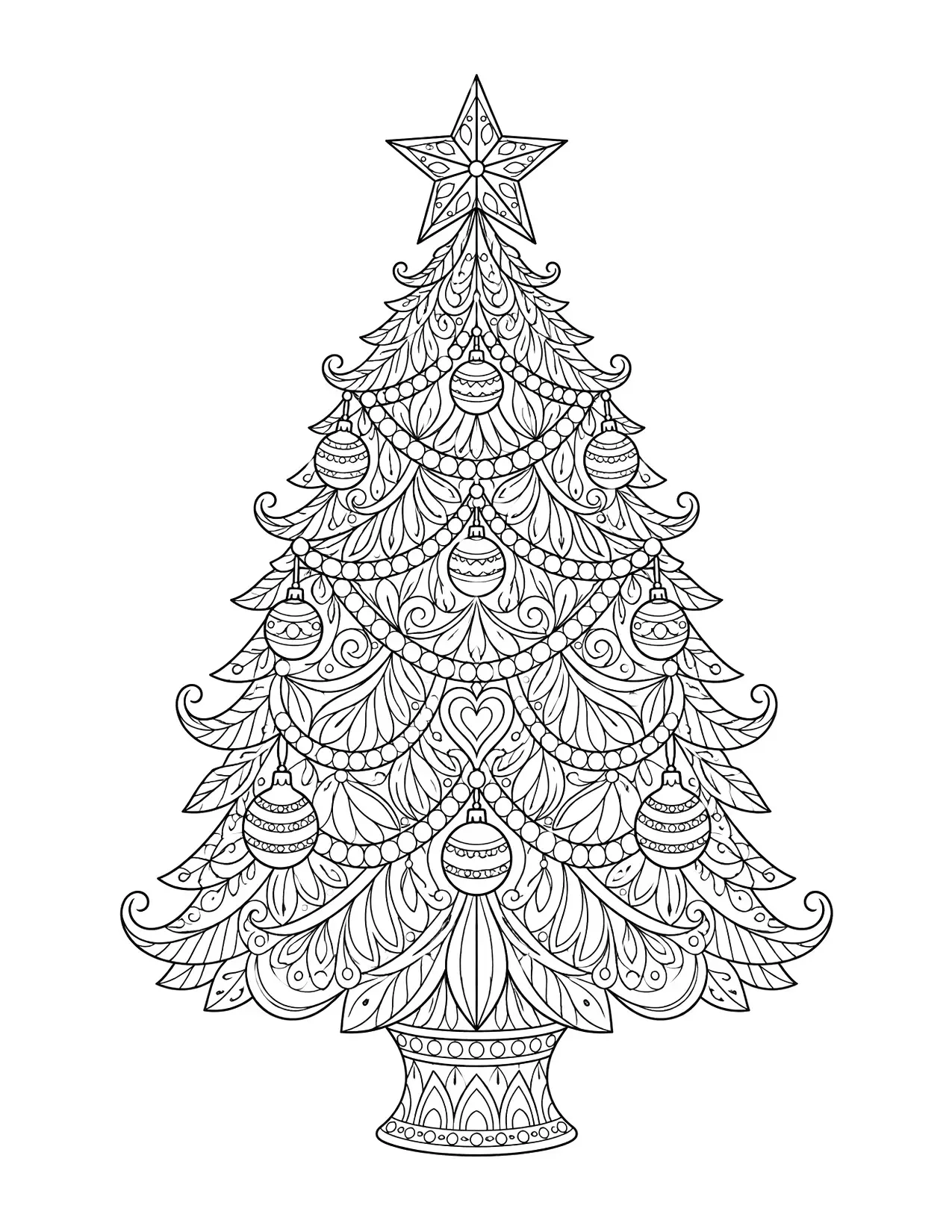Christmas coloring page for adults with a Christmas tree full of ornate patterns