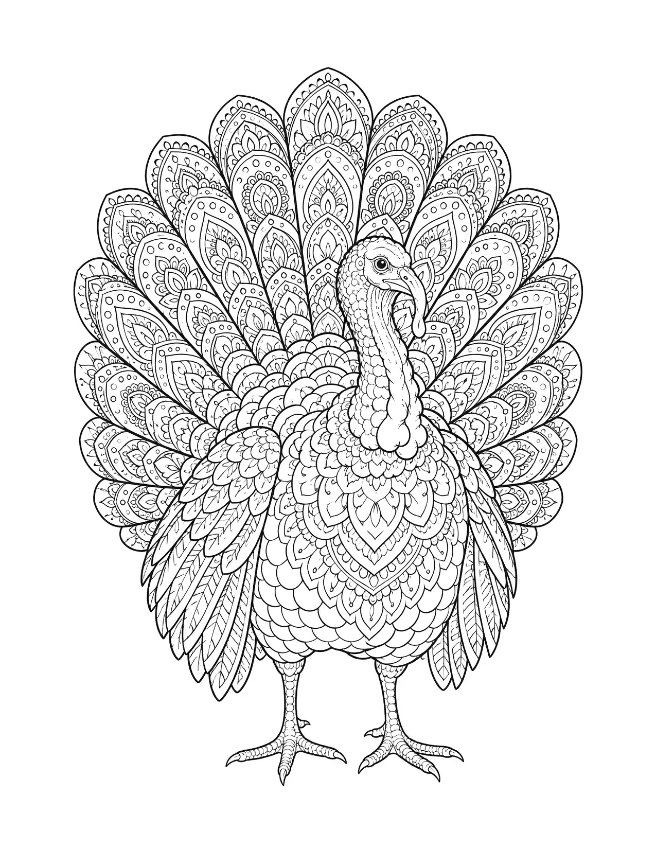 Thanksgiving coloring page of a turkey whose tail feathers are detailed mandala patterns, for adults
