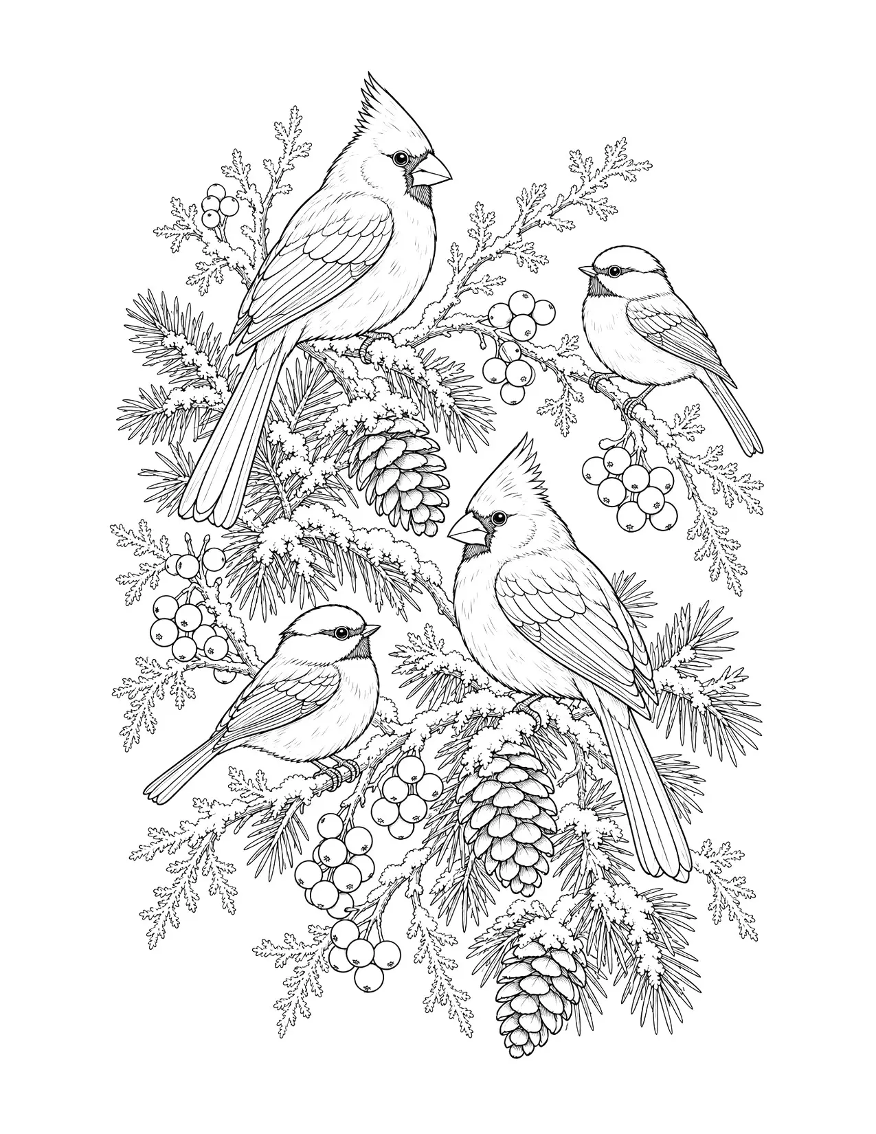 Winter coloring page of cardinals and chickadees on frosty branches, for adults