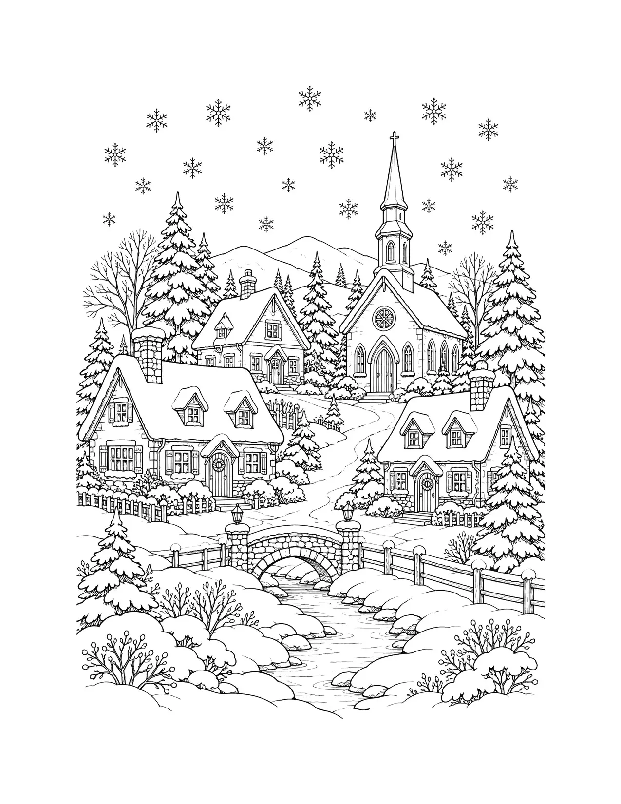 Christmas coloring page for adults with a snowy winter village and a church steeple