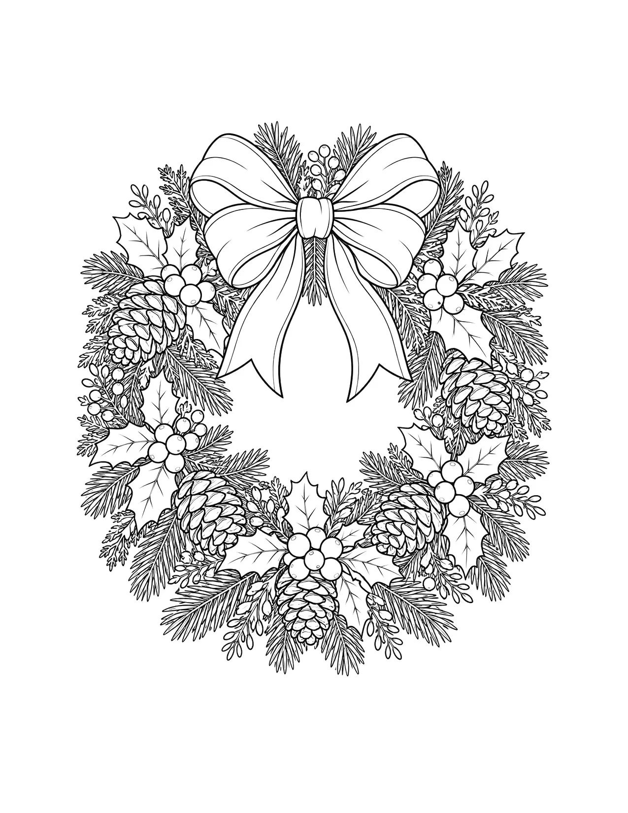 Christmas coloring page for adults with a detailed wreath, pinecones and a bow