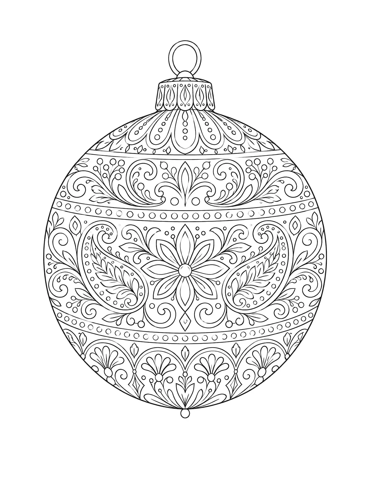 Detailed Christmas ornament coloring page for adults with fine patterns