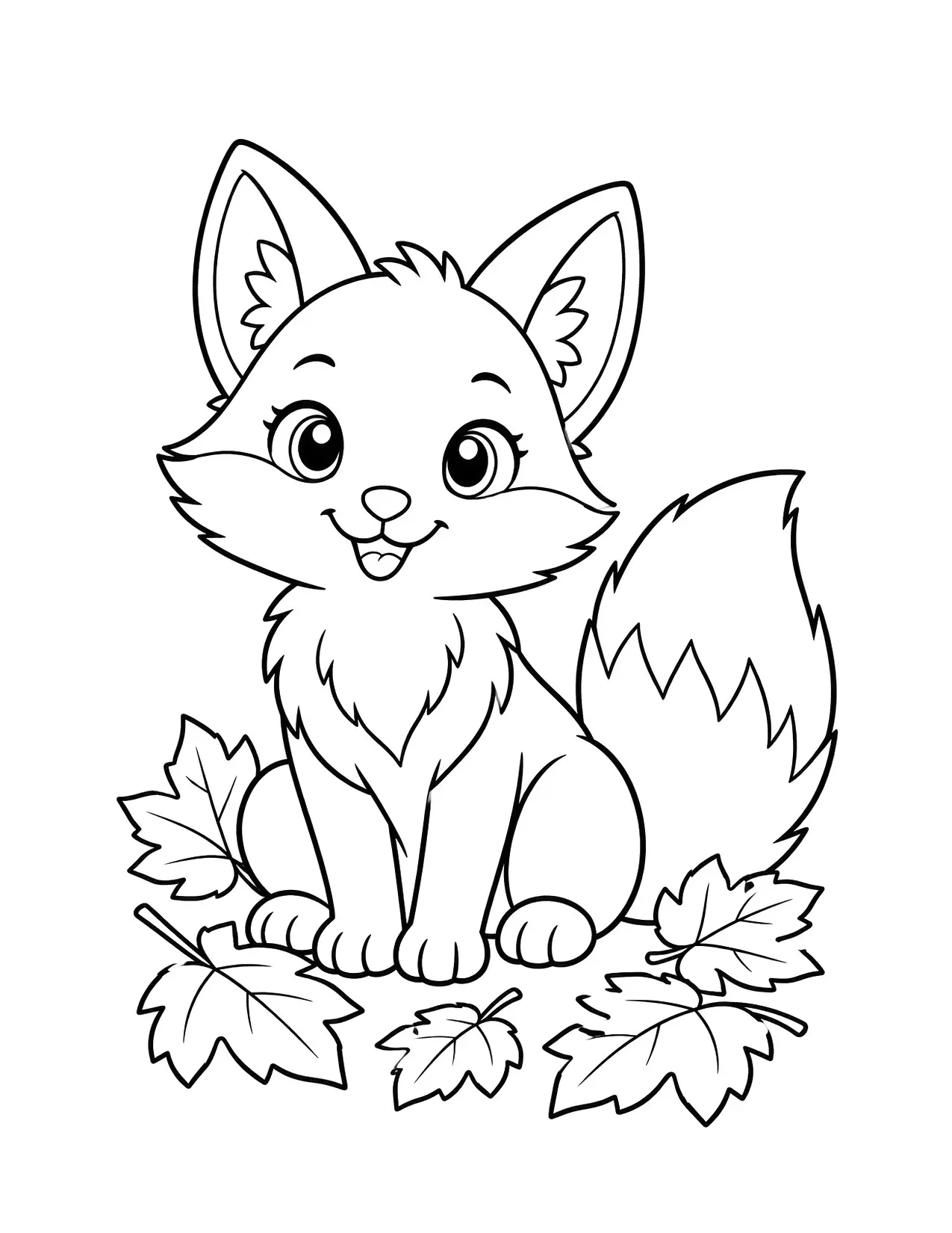 Fall coloring page of a cute fox sitting among fallen leaves