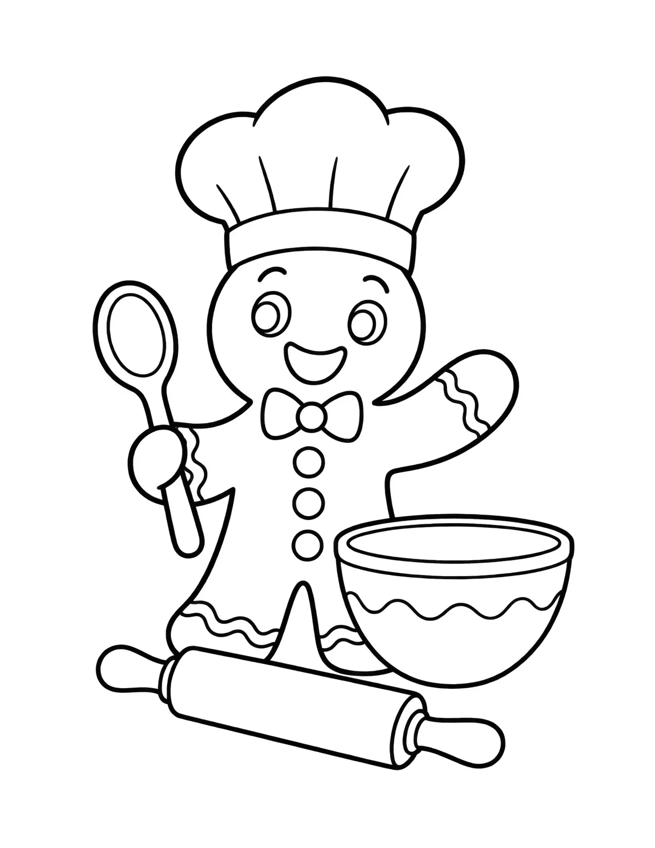 Gingerbread coloring page with a gingerbread man in a chef hat with a mixing bowl