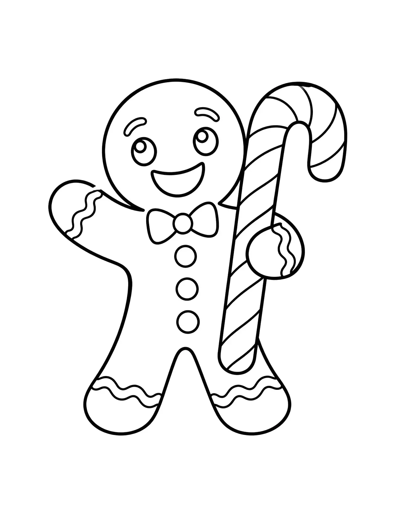 Gingerbread coloring page with a happy gingerbread man holding a big candy cane