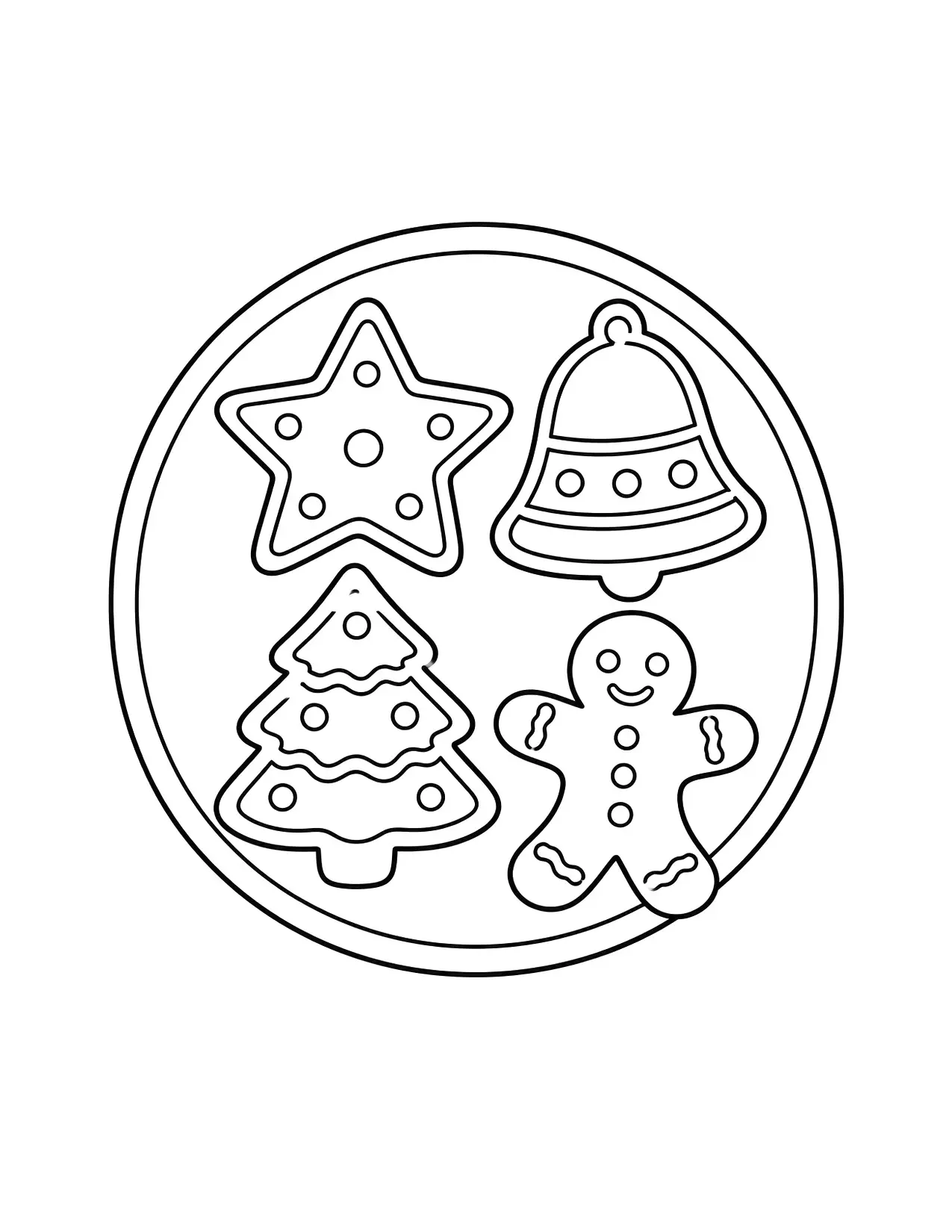 Gingerbread coloring page with a plate of star, bell, tree and gingerbread man cookies