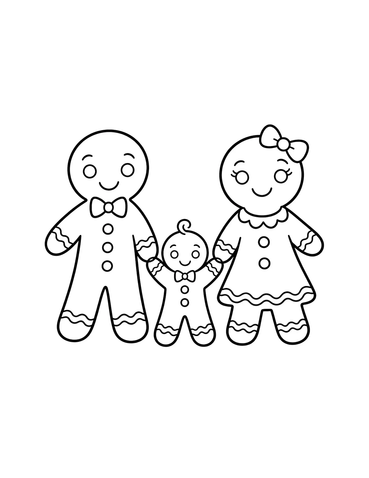 Gingerbread coloring page with a gingerbread family holding hands