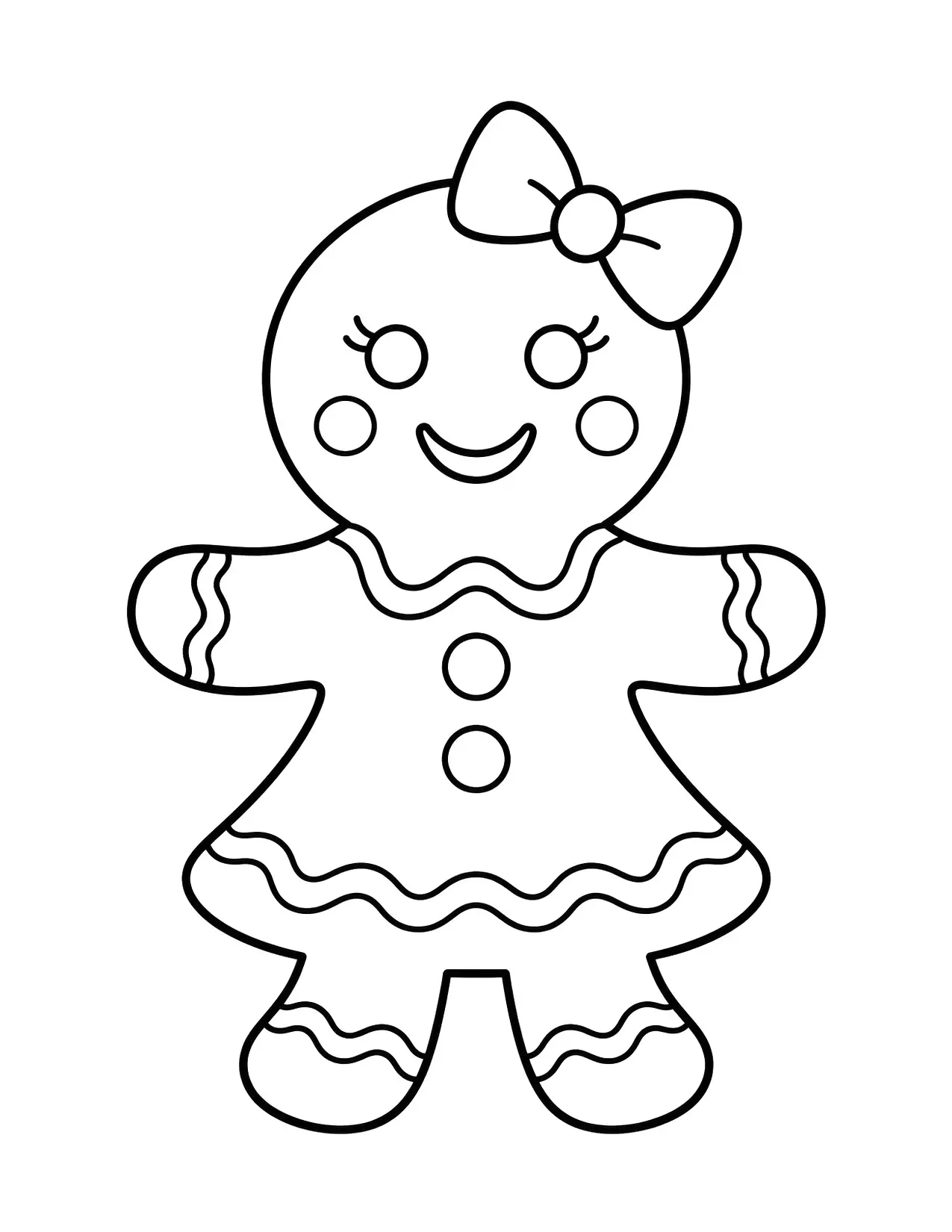 Gingerbread coloring page with a smiling gingerbread girl with a bow