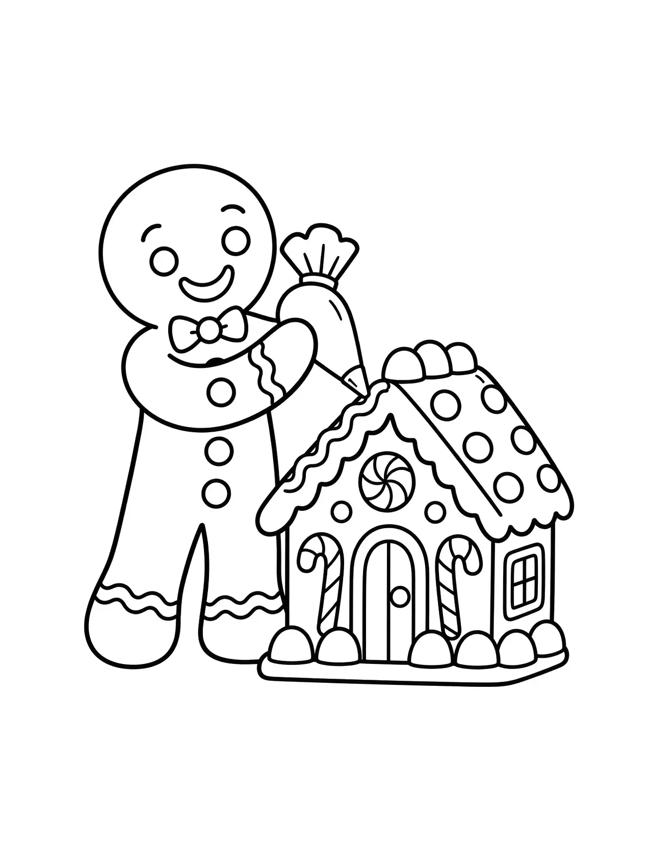 Gingerbread coloring page with a gingerbread man icing a gingerbread house