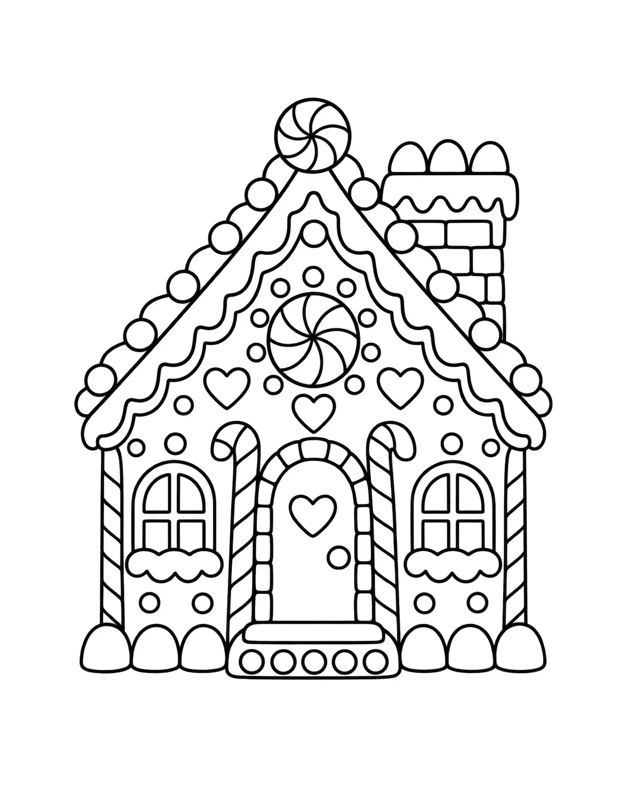 Gingerbread coloring page with a candy-covered gingerbread house