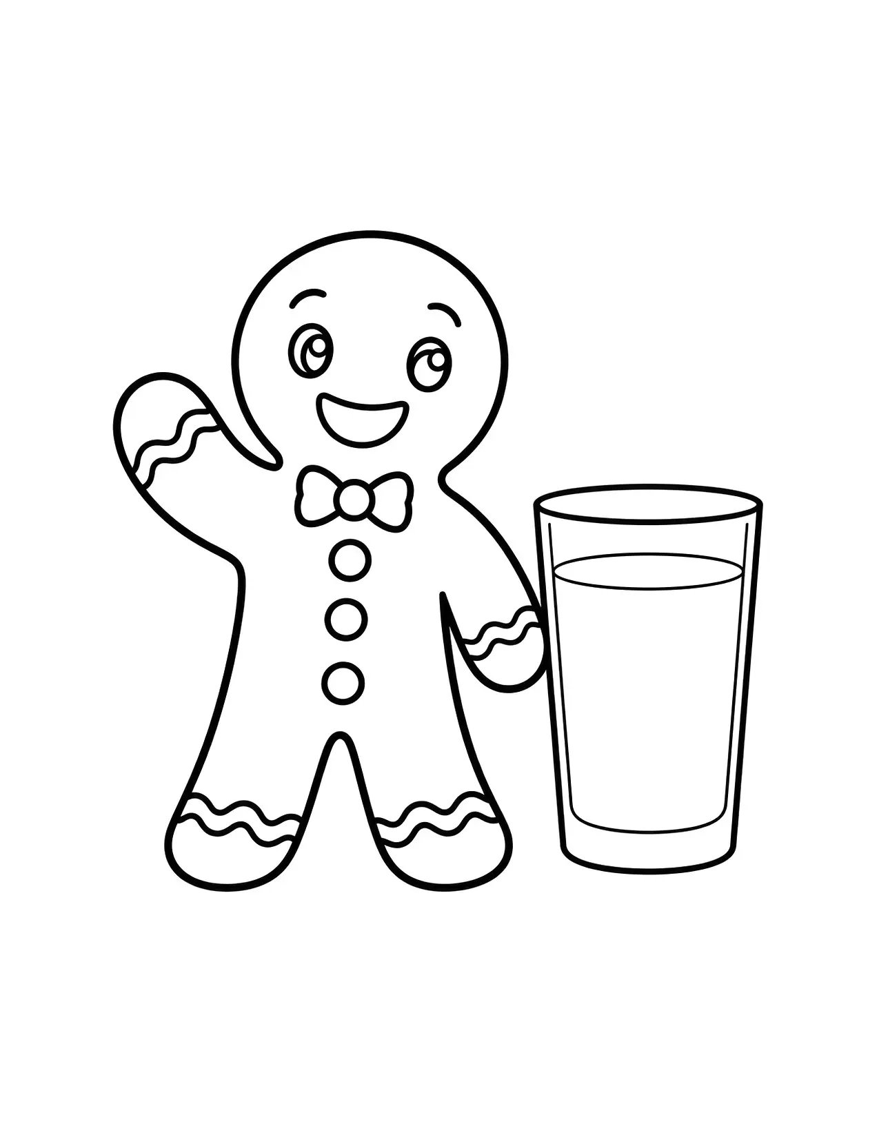 Gingerbread coloring page with a gingerbread man waving next to a glass of milk