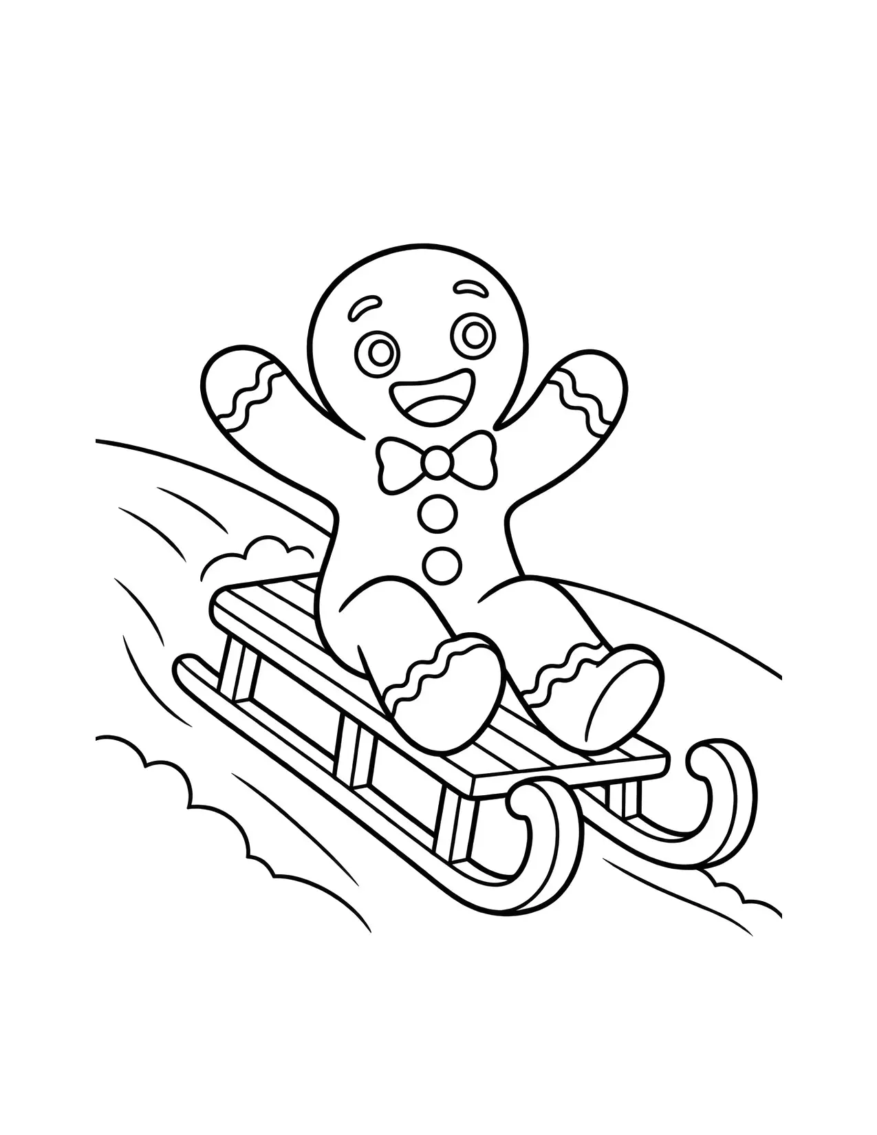 Gingerbread coloring page with a gingerbread man riding a sled down a snowy hill