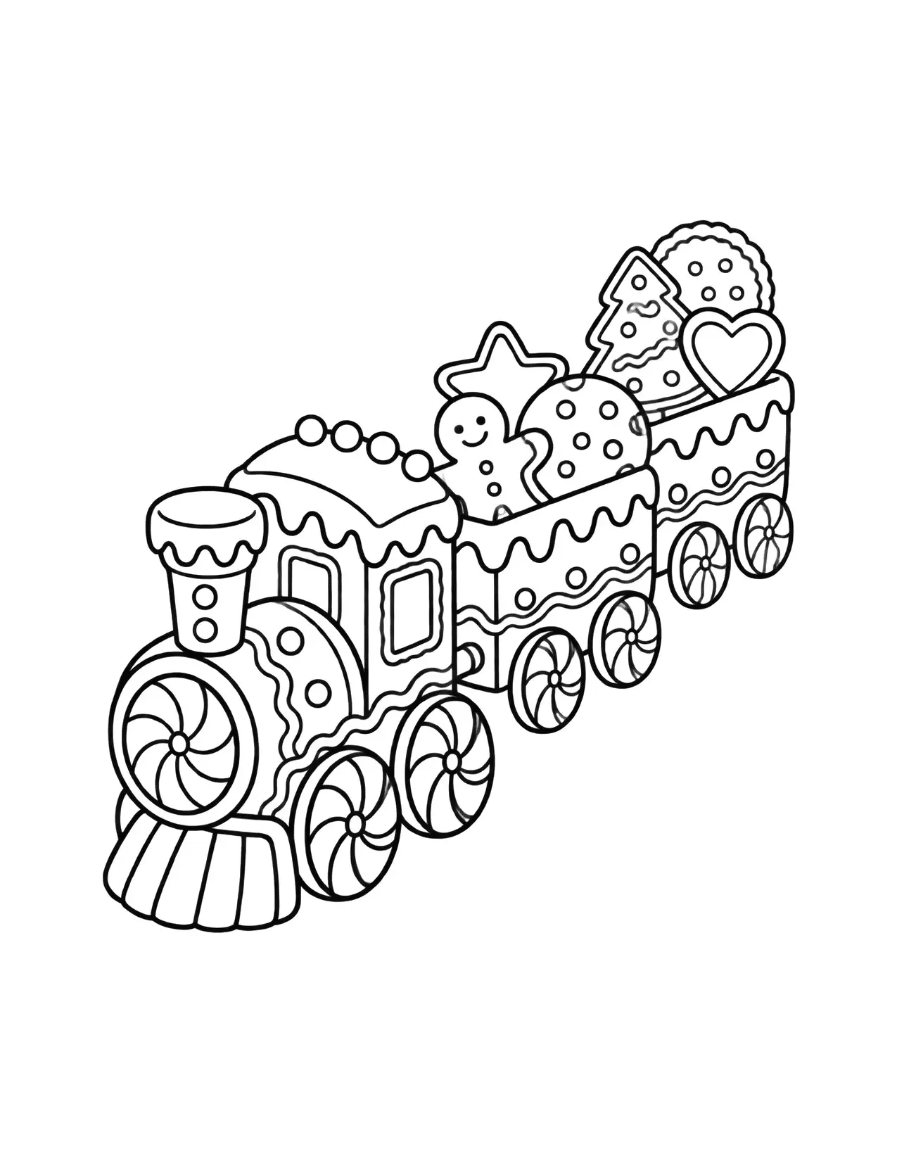 Gingerbread coloring page with a gingerbread train carrying cookies