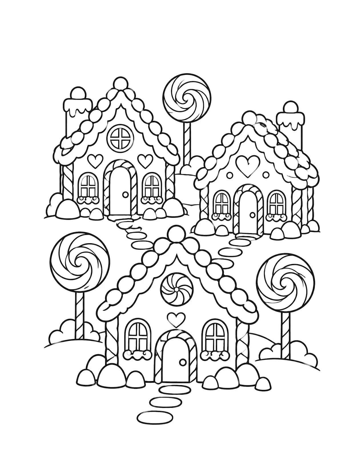Gingerbread coloring page with three gingerbread houses and lollipop trees