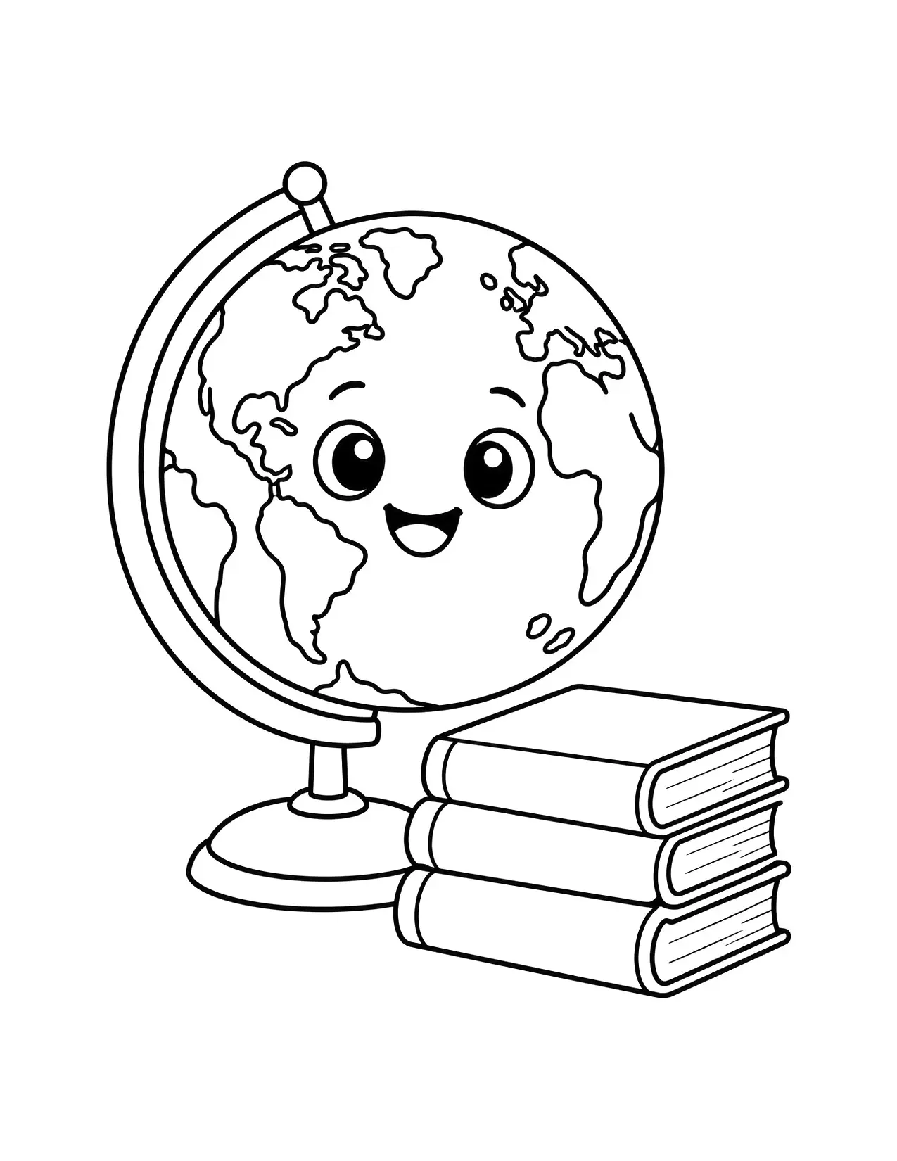 Back to school coloring page of a smiling globe on a stand next to a stack of books