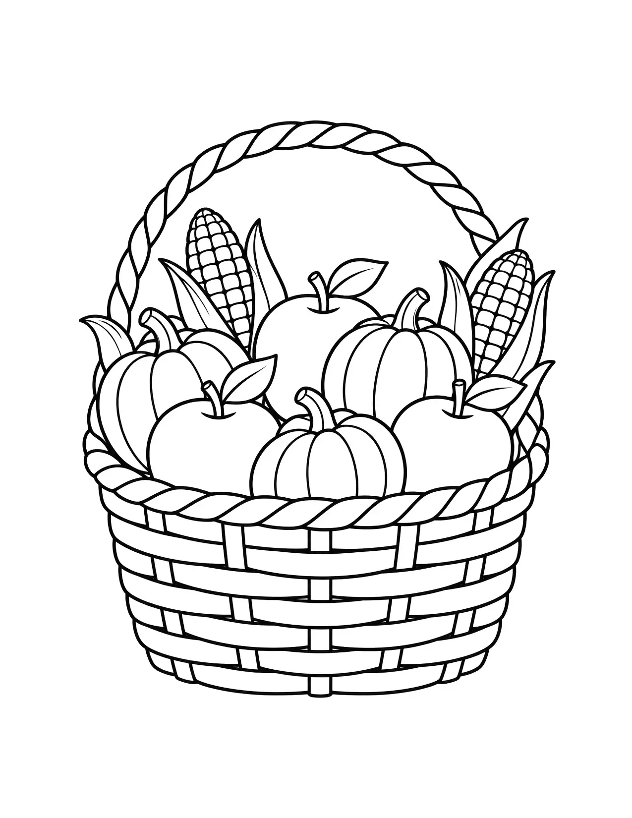 Thanksgiving coloring page of a basket full of apples, pumpkins and corn