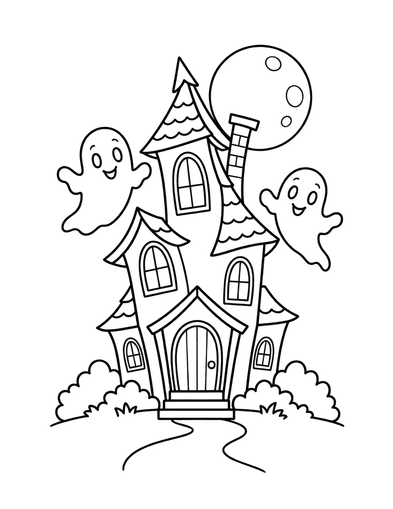 Halloween coloring page of a cute haunted house with friendly ghosts
