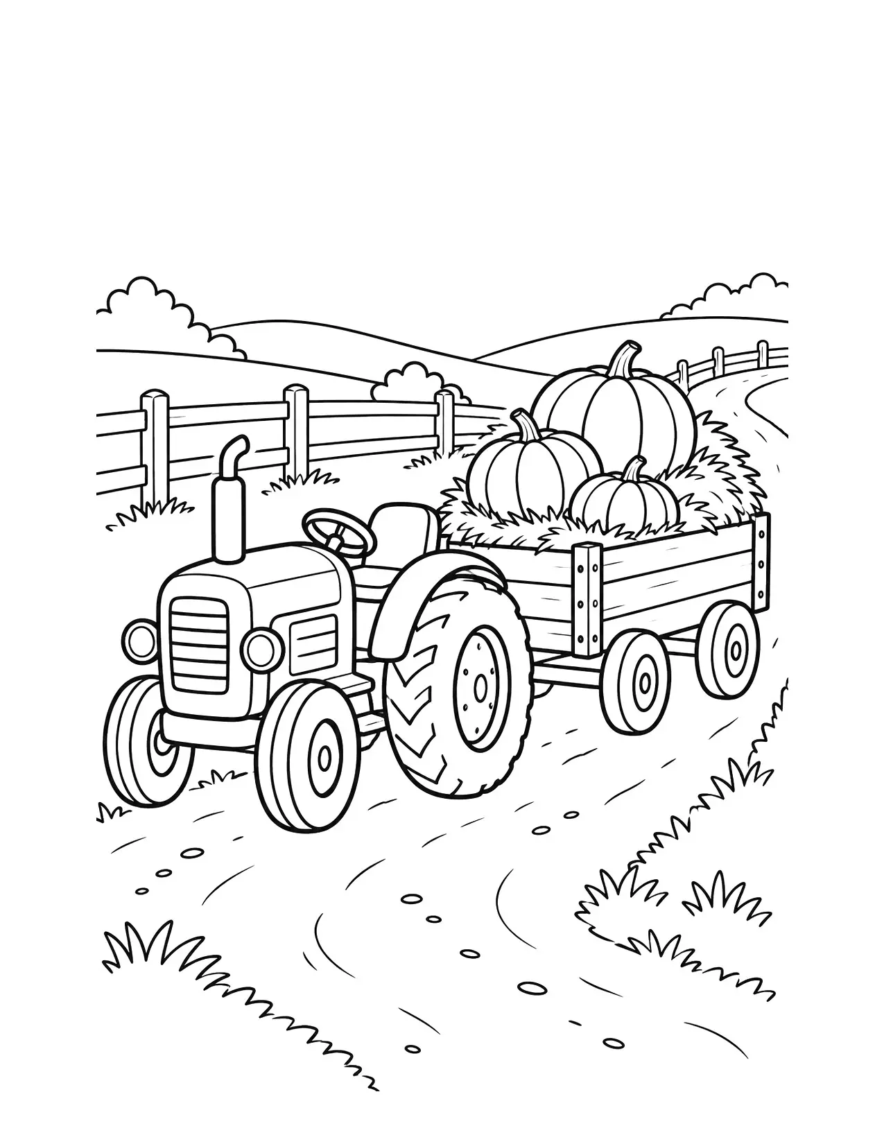 Fall coloring page of a little tractor pulling a wagon of hay and pumpkins