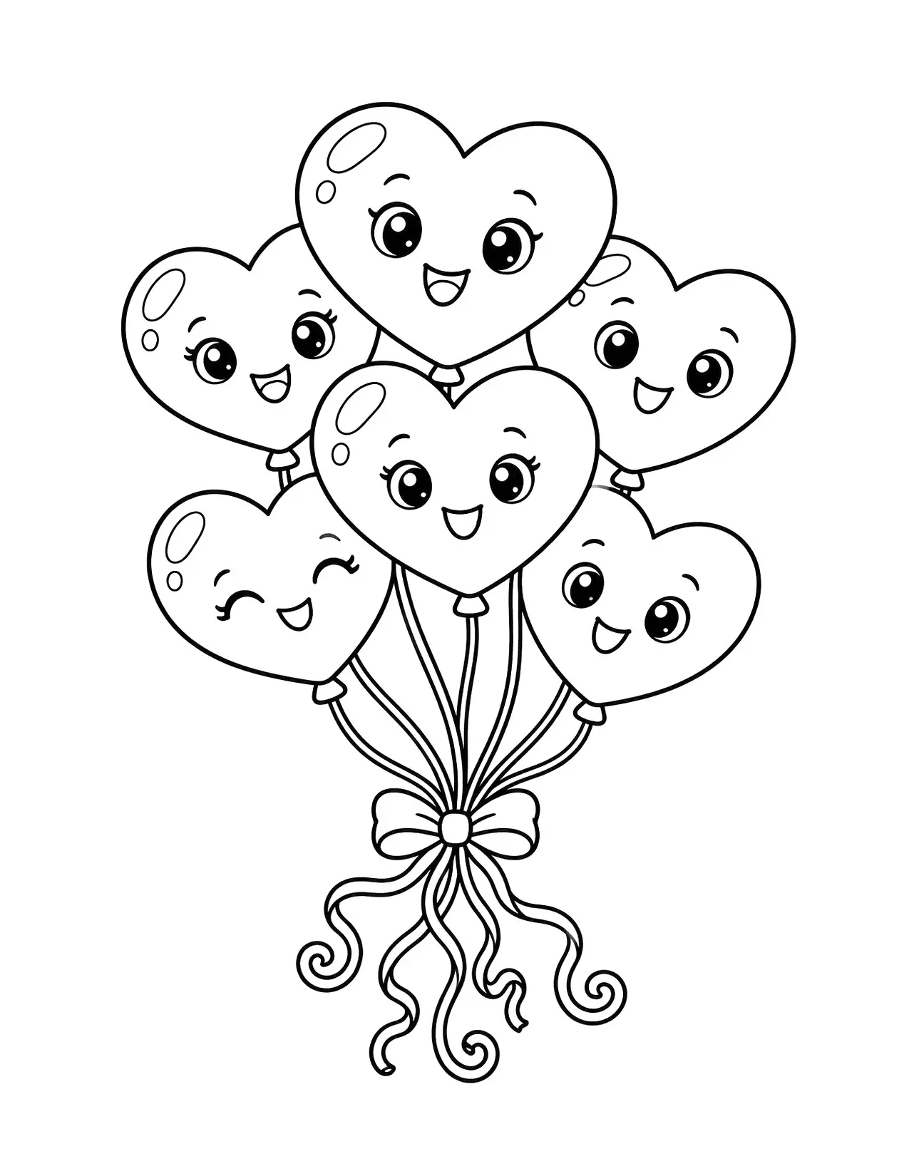 Valentine's Day coloring page of a bunch of heart-shaped balloons tied with curly ribbons