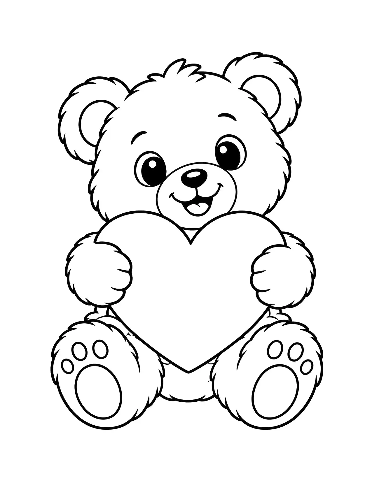 Valentine's Day coloring page of a teddy bear hugging a big heart