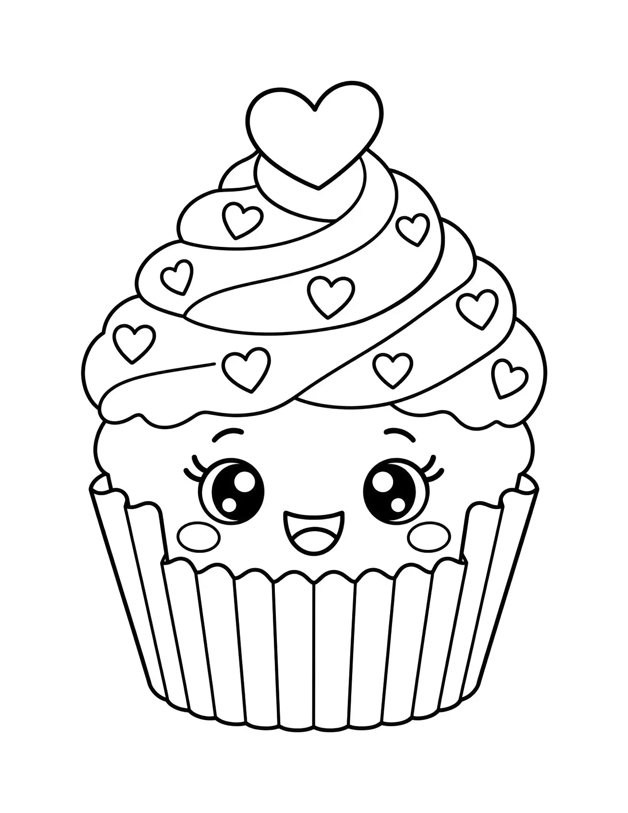 Valentine's Day coloring page of a cupcake with swirly frosting and heart sprinkles
